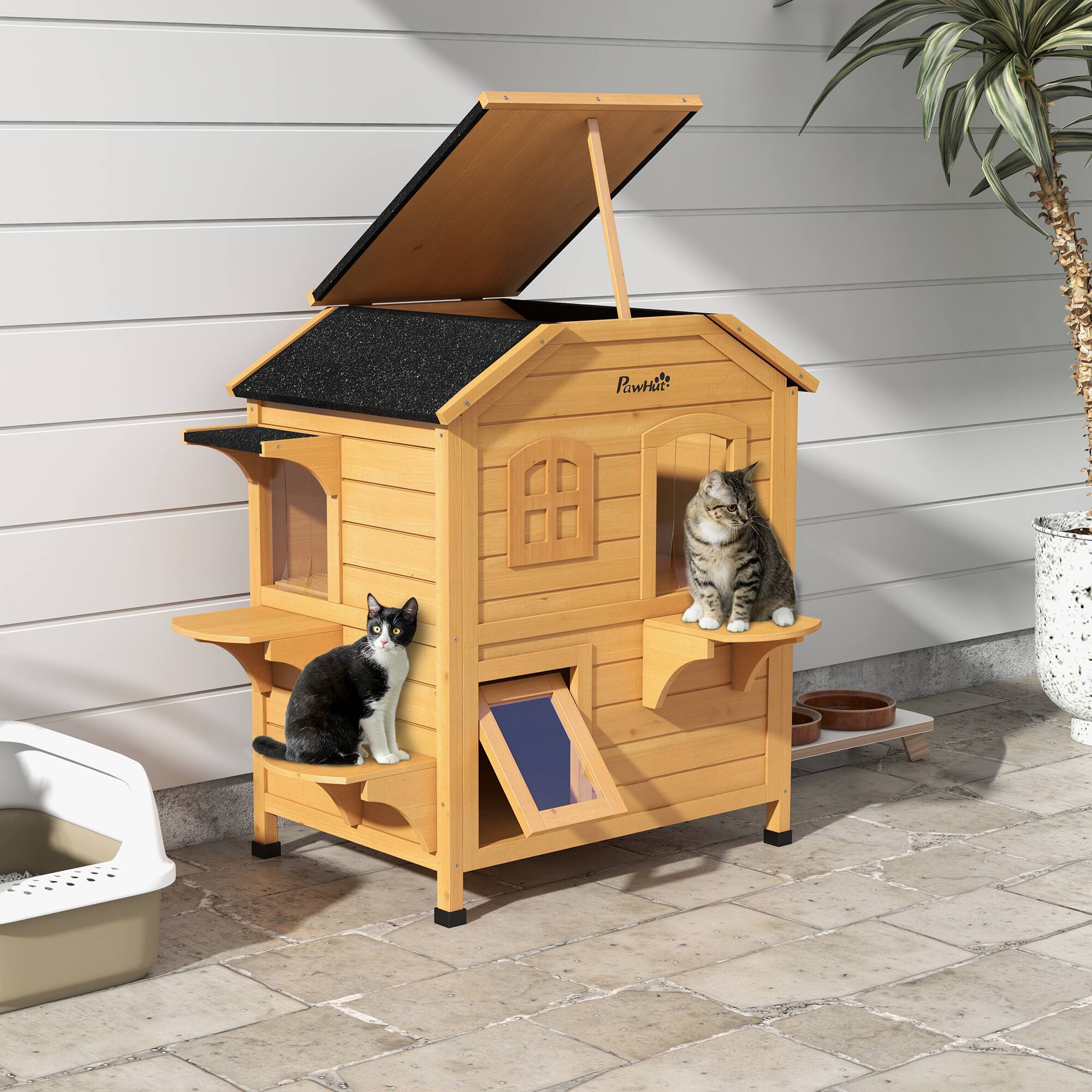 Angle. Pawhut - 2-story Cat House Outdoor, Weatherproof Wooden, for Feral Cats, Escape Door, Openable Roof, Jumping Platforms.