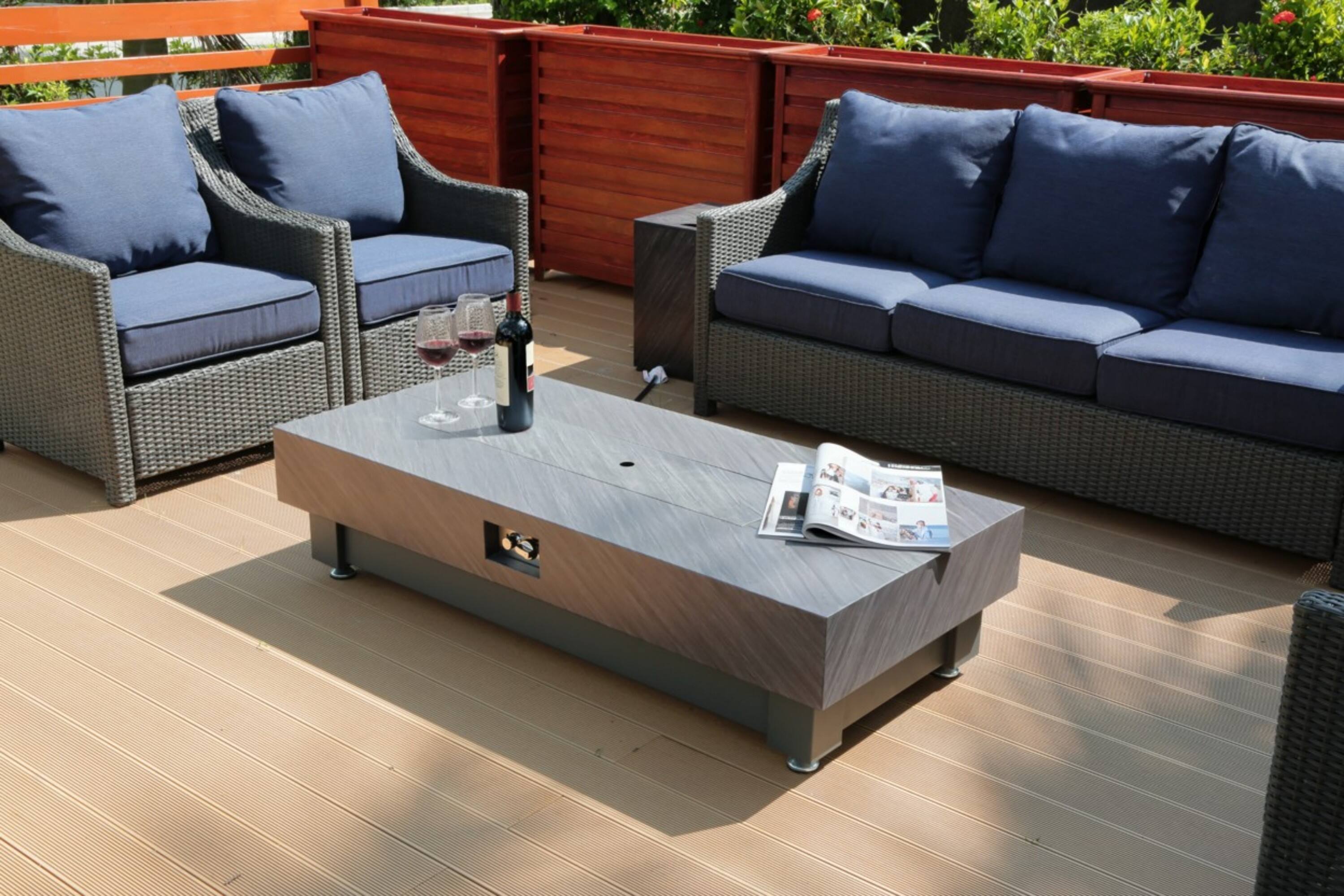 Front. PexFix - 60" Rectangular Propane Fire Pit Table, 60,000 BTU Outdoor Heater with Lava Rock Cove for Patio - Black.