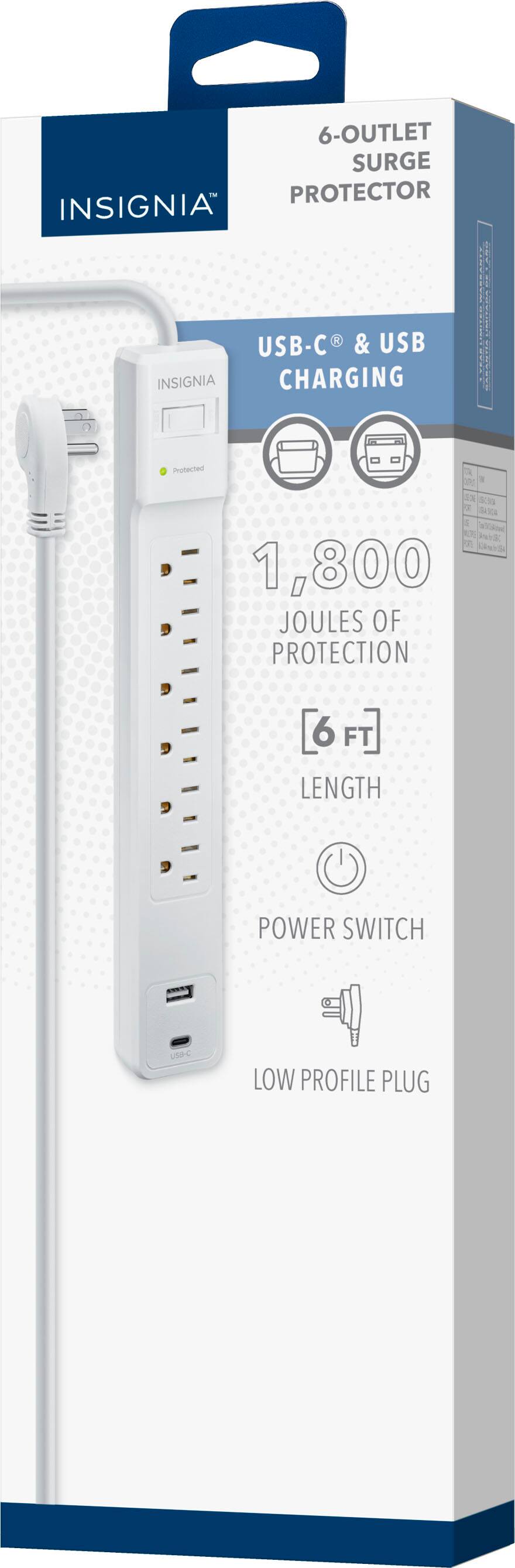 6-Outlet Surge Protector Insignia USB-C & USB Charging | 1,800 Joules of Protection | 6 FT Length | Power Switch | Low Profile Plug