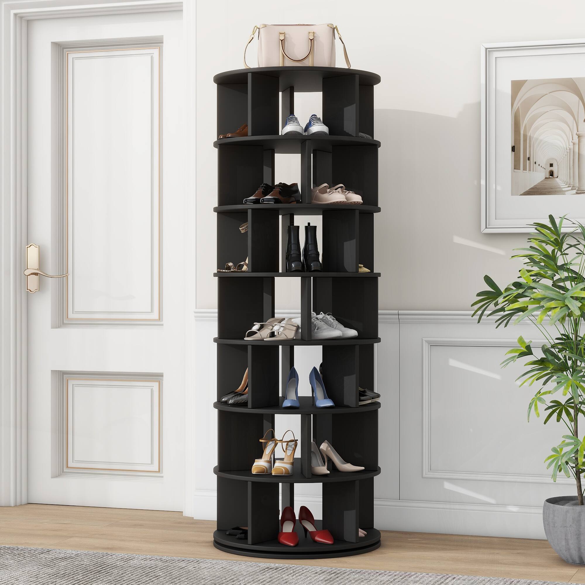 Alt View 1. Ecooso - 23.6" 360° Rotating Bookcase Shoe Rack Tower, 7-Tier Shelf with 5 Grids Per Layer - Black.