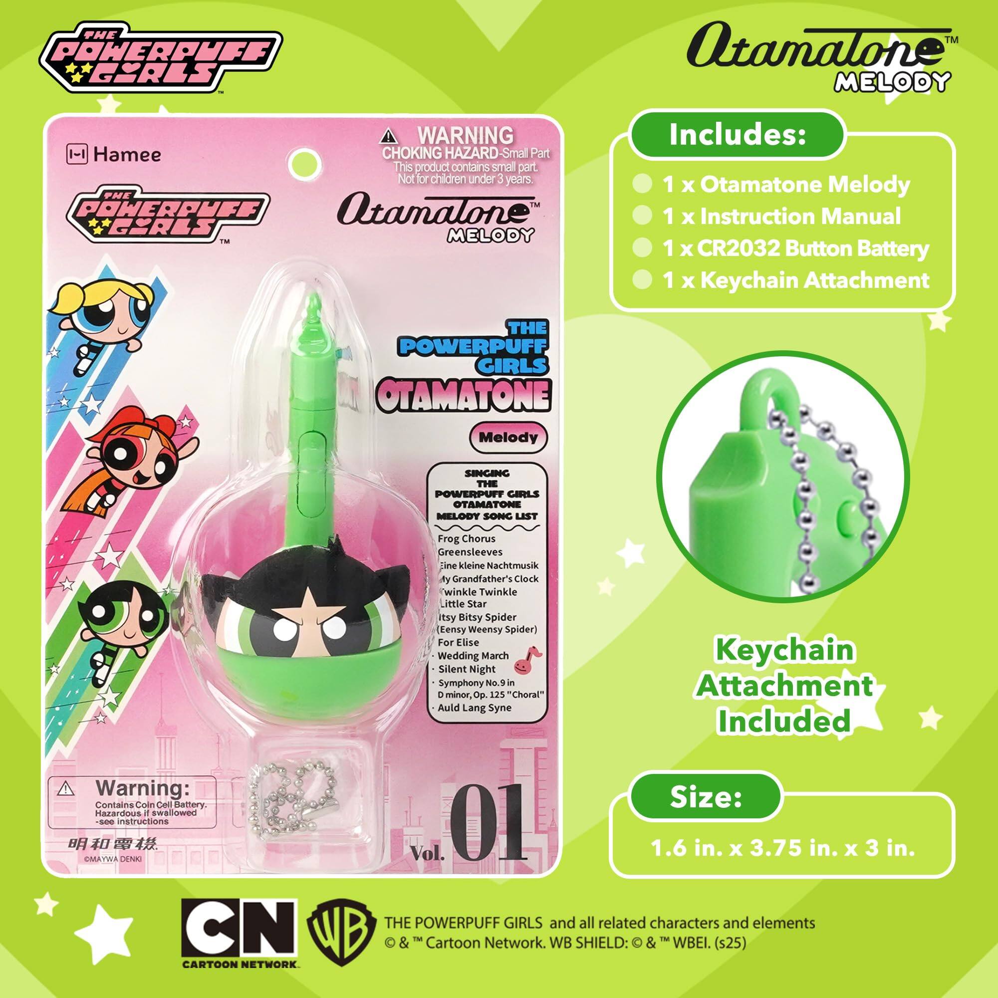 **THE POWERPUFF GIRLS**

**Otamatone Melody**

**WARNING: CHOKING HAZARD - Small Part.**  
This product contains small parts. Not for children under 3 years.

**Includes:**
- 1 x Otamatone Melody
- 1 x Instruction Manual
- 1 x CR2032 Button Battery
- 1 x Keychain Attachment

**SINGING SONG LIST:**
- Frog Chorus
- Greensleeves
- "Kleine Nachtmusik" by Grandfather's Clock
- Twinkle Twinkle Little Star
- Itsy Bitsy Spider (Tensy Weensy Spider)
- For Elise Wedding March
- Silent Night
- Symphony No. 9 in D minor, Op. 125 "Choral"
- Auld Lang Syne

**Keychain Attachment Included**

**Size:** 1.6 in. x 3.75 in. x 3 in.

**Warning:** Contains Coin Cell Battery. Hazardous if swallowed. Follow instructions.

**THE POWERPUFF GIRLS** and all related characters and elements © & ™ Cartoon Network. WB SHIELD: © & ™ WBEI
