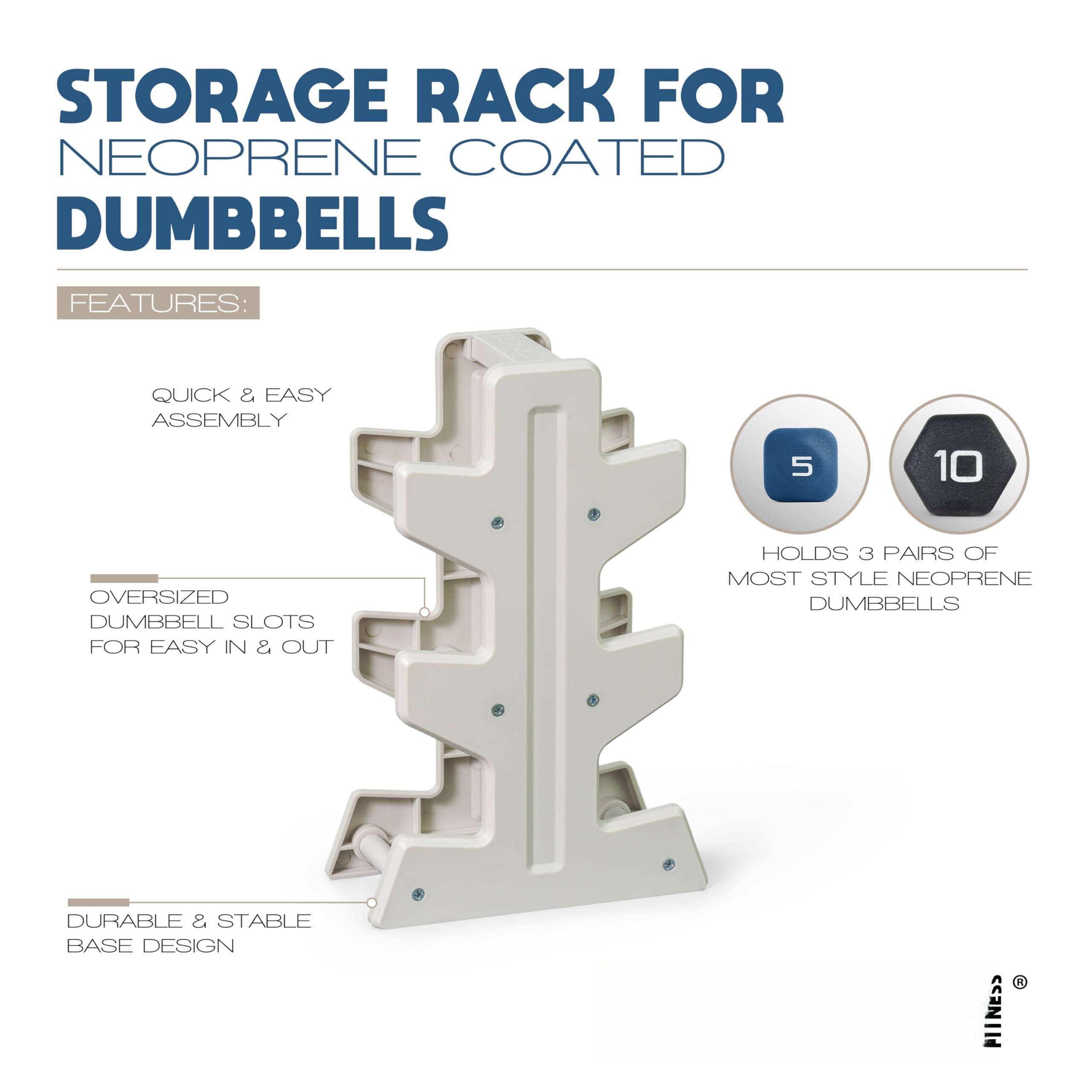 STORAGE RACK FOR NEOPRENE COATED DUMBBELLS

FEATURES:
- QUICK & EASY ASSEMBLY
- OVERSIZED DUMBBELL SLOTS FOR EASY IN & OUT
- HOLDS 3 PAIRS OF MOST STYLE NEOPRENE DUMBBELLS
- DURABLE & STABLE BASE DESIGN