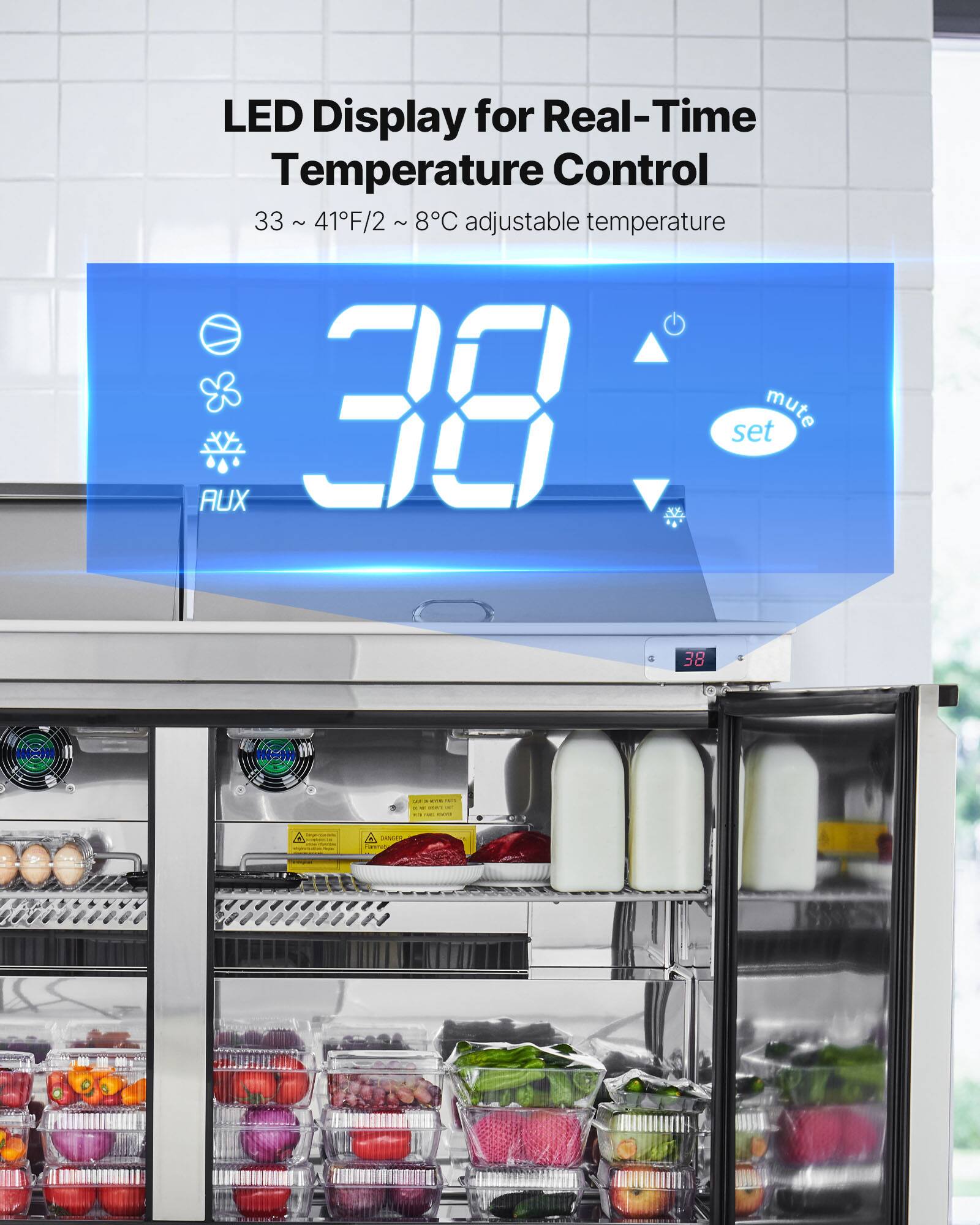 LED Display for Real-Time Temperature Control  
33 ~ 41°F/2 ~ 8°C adjustable temperature  
AUX  
mute  
set