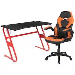 Emma + Oliver - Gaming Desk and Racing Chair Set with Cup Holder and Headphone Hook - Orange