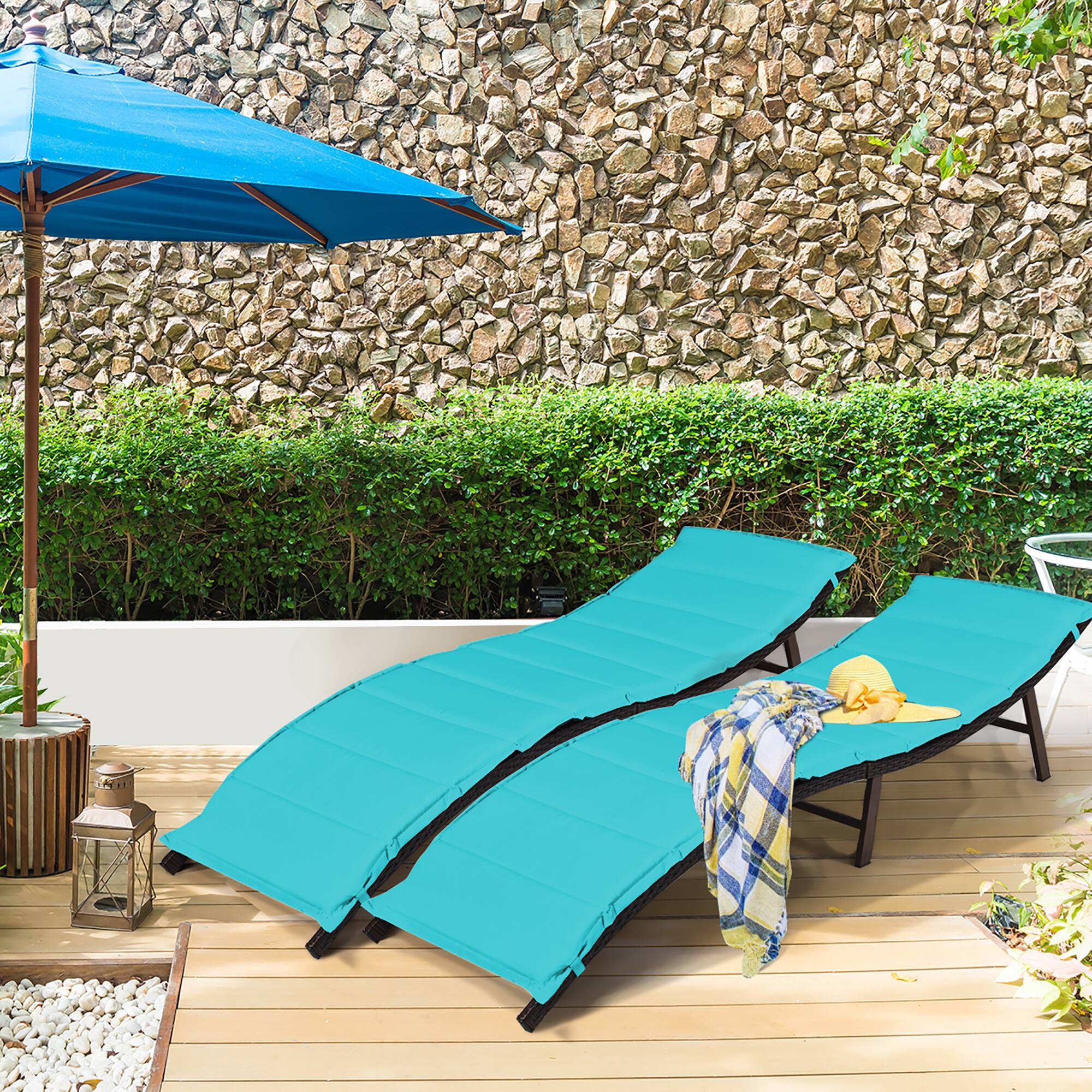 Alt View 3. Costway - 2PCS Patio Rattan Folding Lounge Chair Stackable Double Sided Cushion Outdoor - Turquoise.