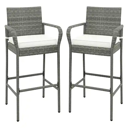 Front. Gymax - Gymax Set of 2 Rattan Patio Bar Stools Outdoor Bar Height Chairs w/ Cushions - Off White.