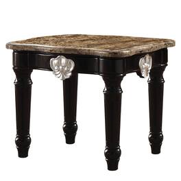 Manhattan Lane - Marble Top End Table With Contrast Carved Motif Turned Wood Legs - Black