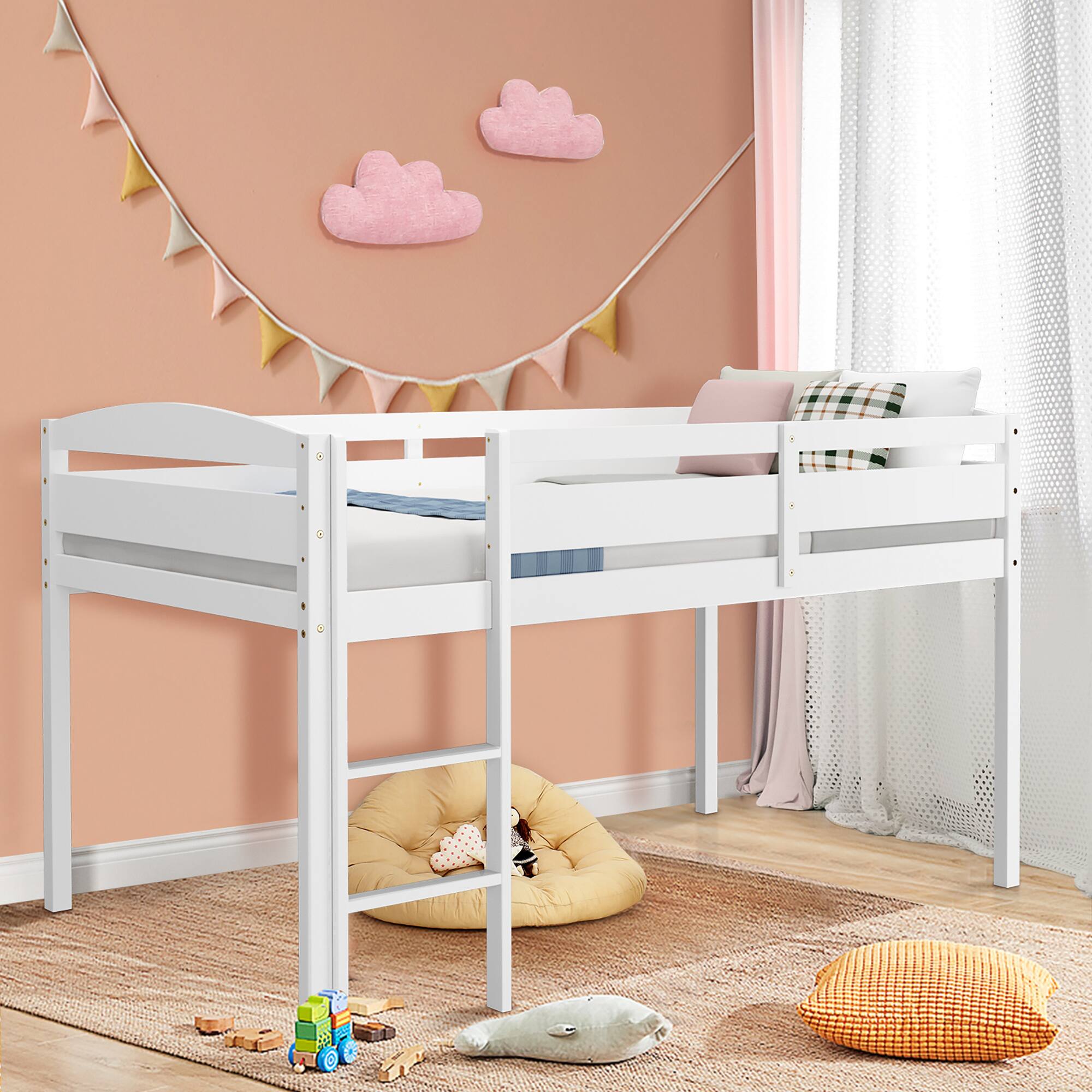 Gymax - Twin Size Loft Bed Wooden Slats Support Loft Bed Frame w/ Ladder & Guardrails - White