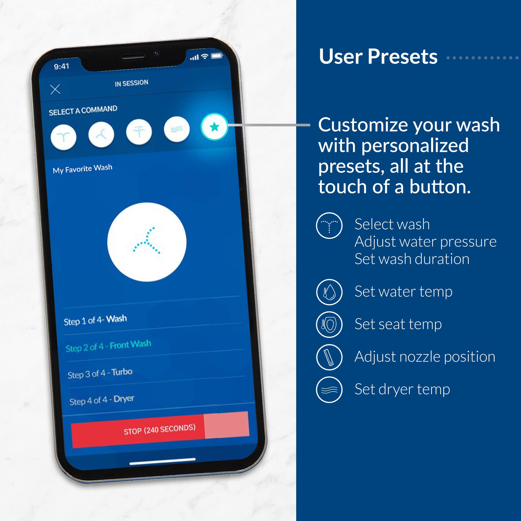 **User Presets**

Customize your wash with personalized presets, all at the touch of a button.

- Select wash
- Adjust water pressure
- Set wash duration
- Set water temp
- Set seat temp
- Adjust nozzle position
- Set dryer temp

**IN SESSION**

SELECT A COMMAND

- My Favorite Wash

Step 1 of 4 - Wash  
Step 2 of 4 - Front Wash  
Step 3 of 4 - Turbo  
Step 4 of 4 - Dryer

STOP (240 SECONDS)