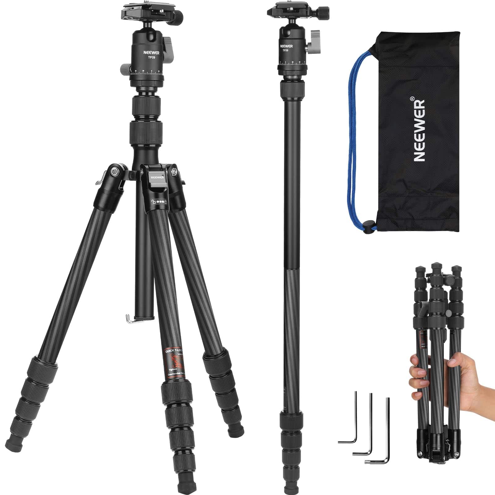 Neewer - Carbon Fiber Tripod/Monopod, 65", Lightweight, 13.2lb Load, TP39 - Black