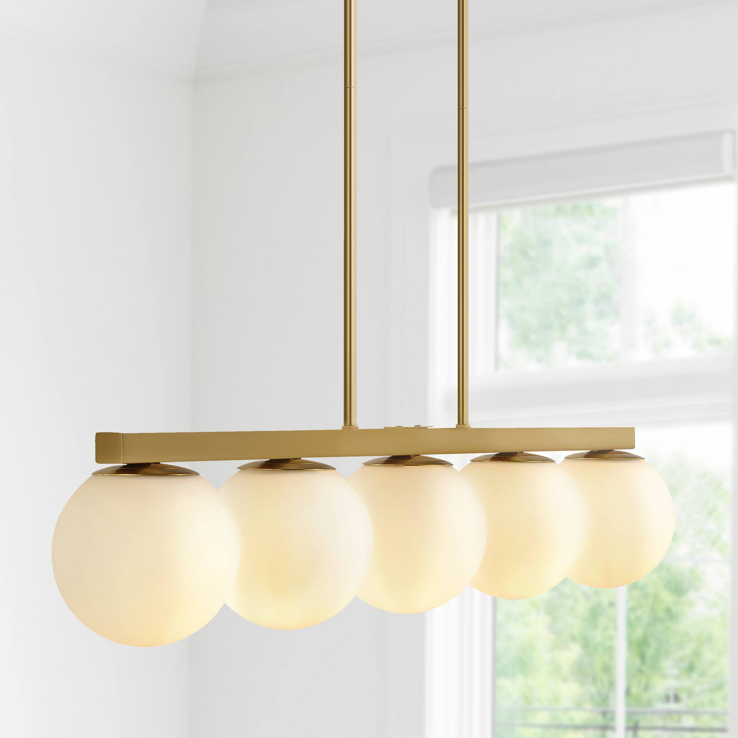 Alt View 1. Jonathan Y - Luca Parisian 45.5" 5-Light Modern Glam Iron Globe Linear LED Pendant, Brass Gold/White - Brass Gold.