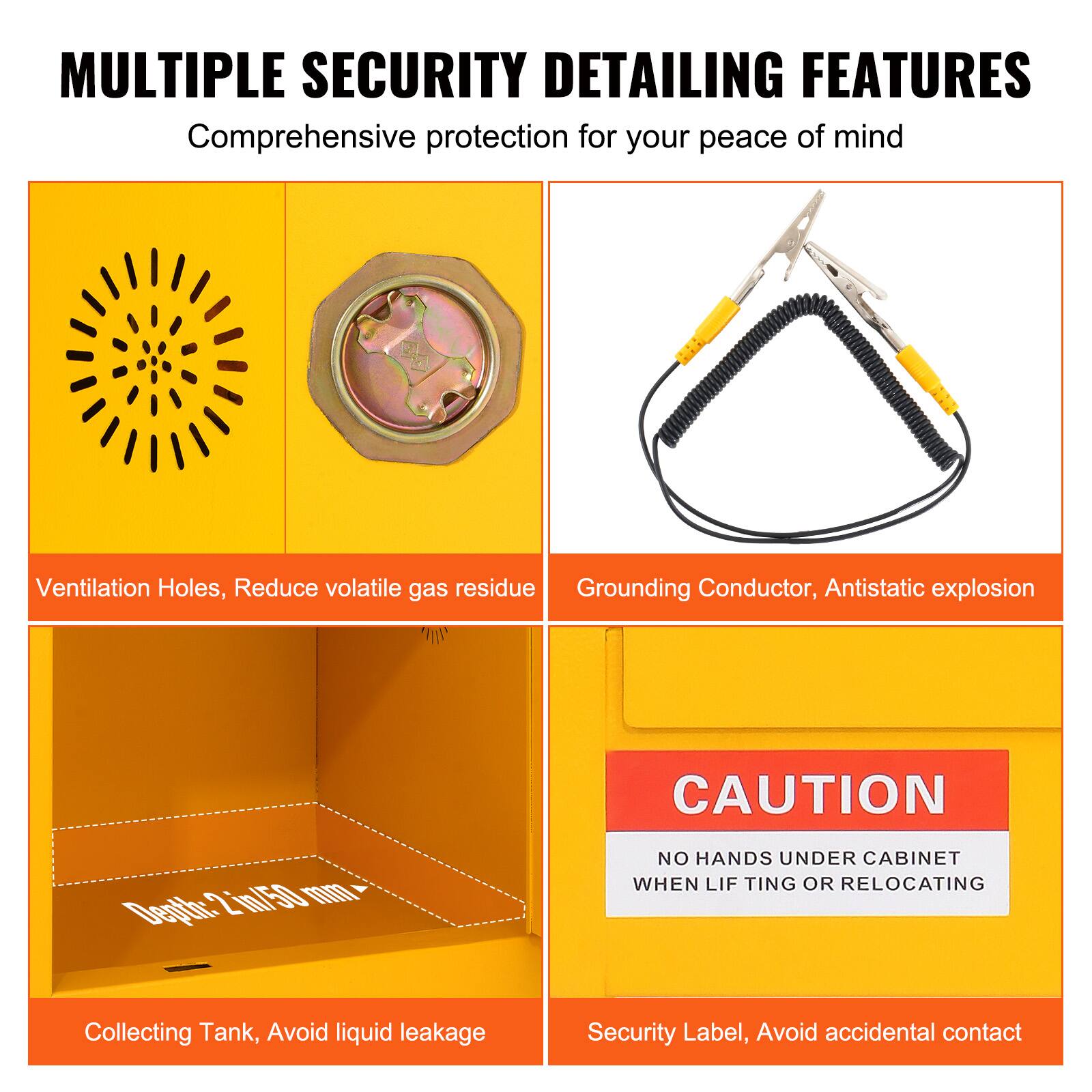 MULTIPLE SECURITY DETAILING FEATURES  
Comprehensive protection for your peace of mind  

- Ventilation Holes, Reduce volatile gas residue  
- Grounding Conductor, Antistatic explosion  
- Collecting Tank, Avoid liquid leakage  
- Security Label, Avoid accidental contact  

CAUTION  
NO HANDS UNDER CABINET WHEN LIFTING OR RELOCATING  

Depth: 2 in/50 mm