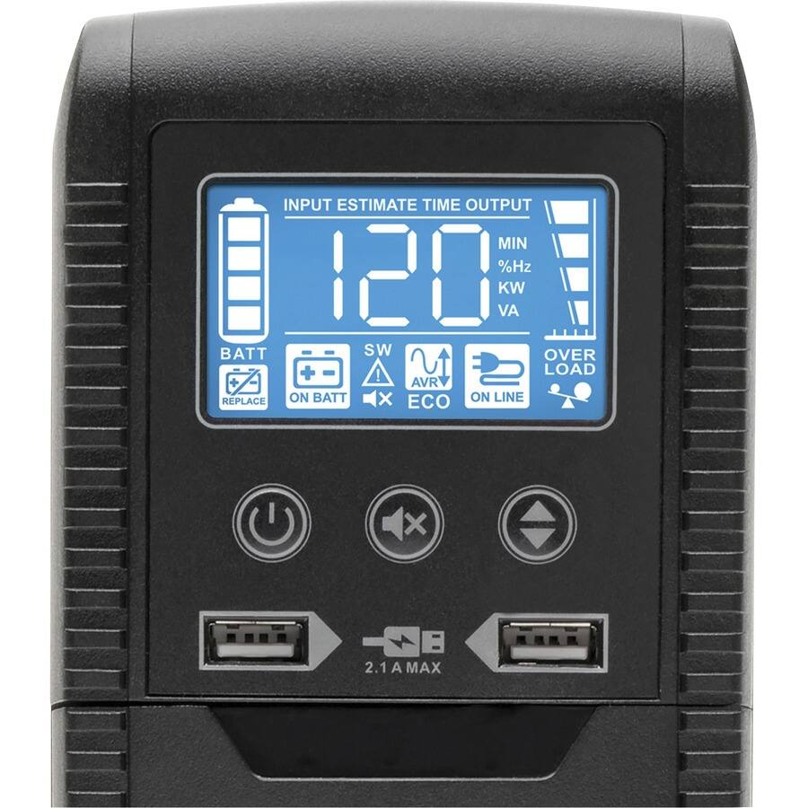 INPUT ESTIMATE TIME OUTPUT  
120 MIN %Hz KW VA  
BATT SW AVR ECO ON LINE X  
OVER LOAD  
REPLACE ON BATT  
2.1A MAX