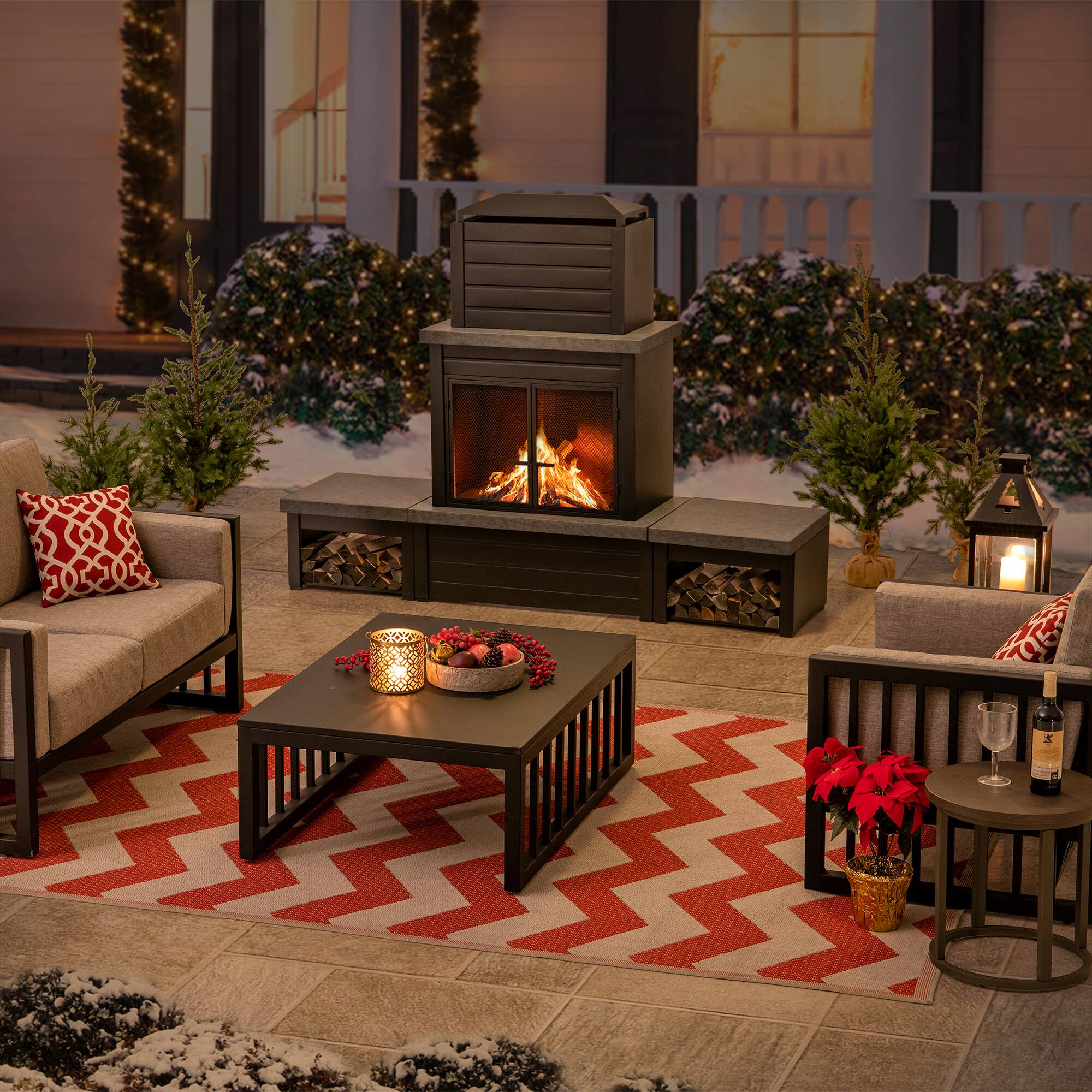 Front. SUNJOY - Sunjoy Winters Woodburning Fireplace with Log Holder (Set of 3) - Black/Grey - Matte Black.