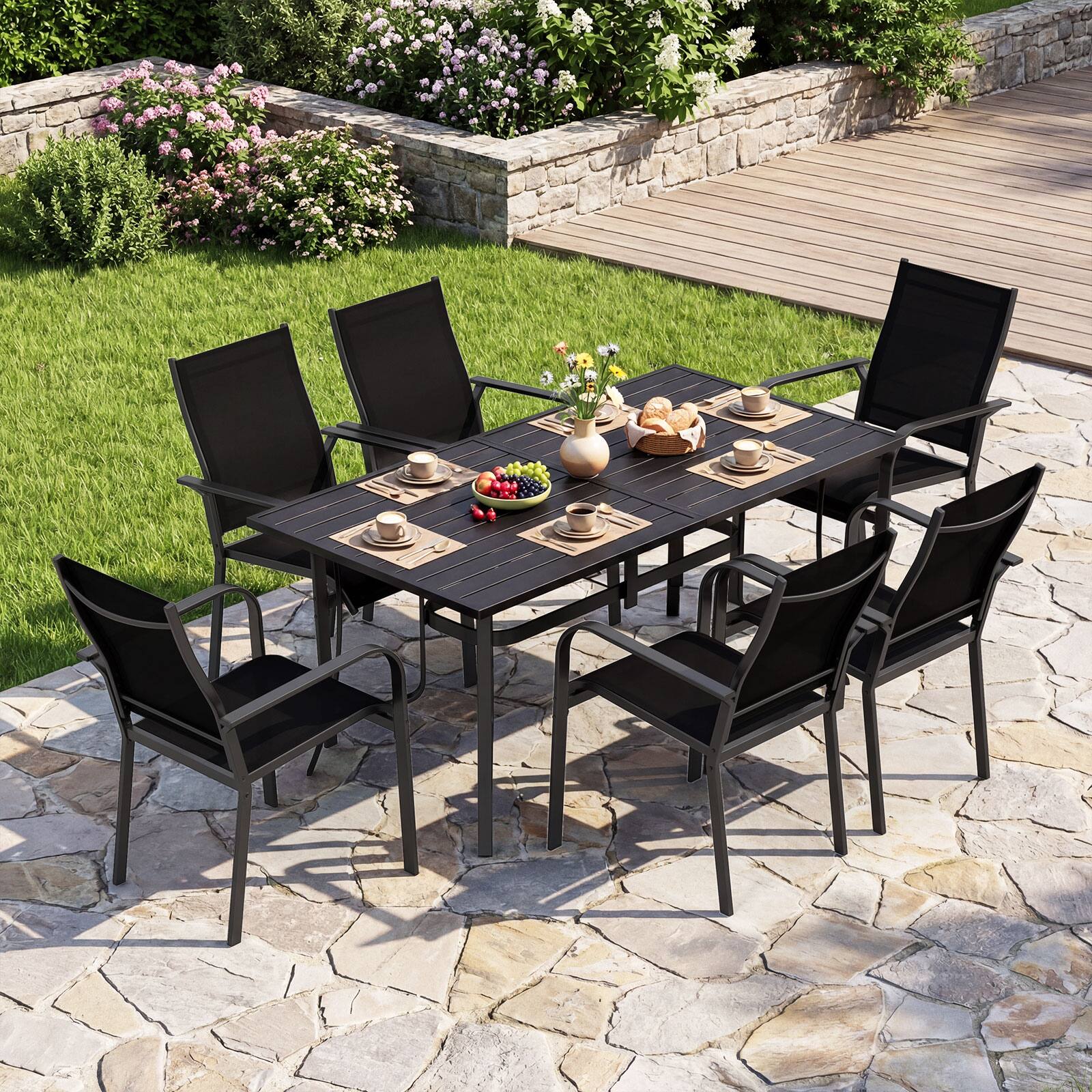 Alt View 7. Gymax - Gymax Patio Dining Table 63'' x 33'' Rectangle Metal Slat Table w/Umbrella Hole for Lawn - Black.