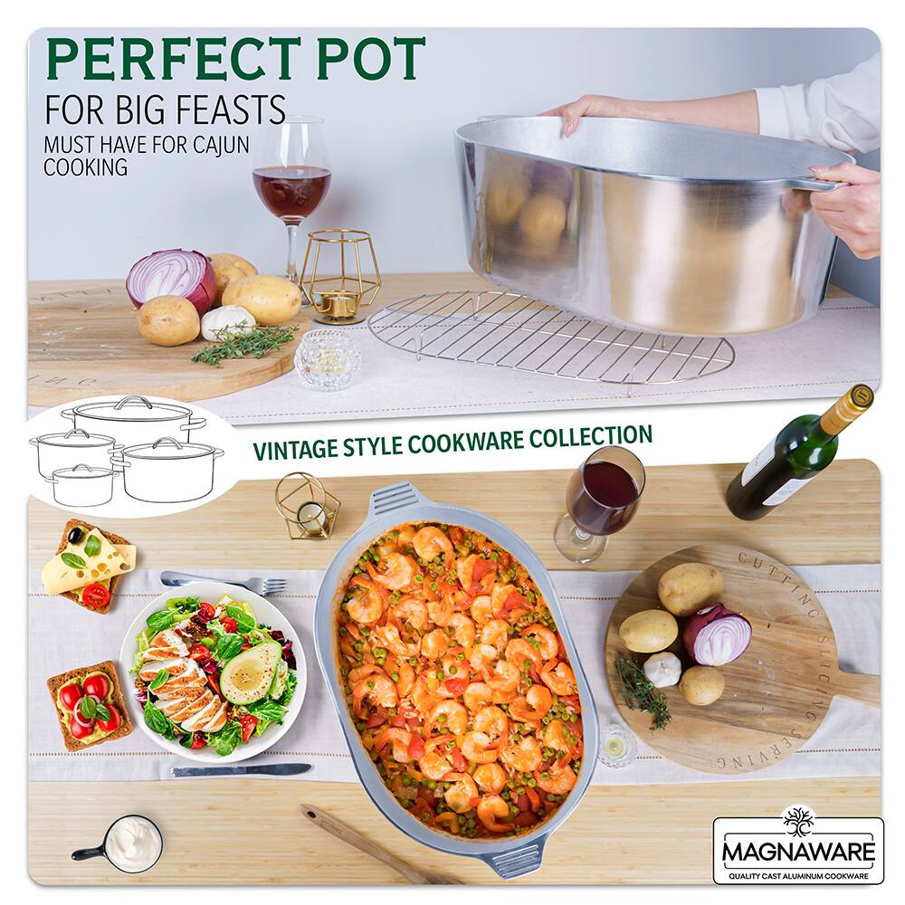 PERFECT POT FOR BIG FEASTS  
MUST HAVE FOR CAJUN COOKING  
VINTAGE STYLE COOKWARE COLLECTION  
MAGNAWARE  
QUALITY CAST ALUMINUM COOKWARE