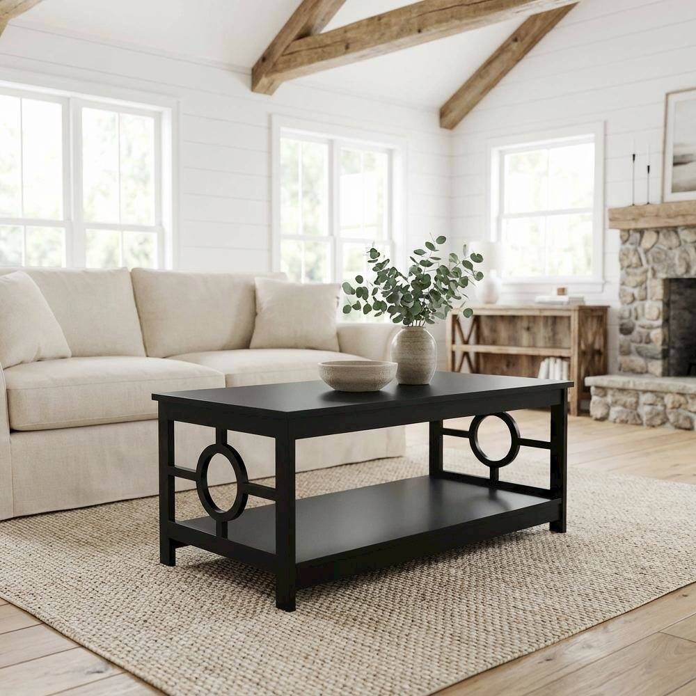 Left. FurniFact - Black Coffee Table with Ring Design, Particle Board and MDF Construction - Black.
