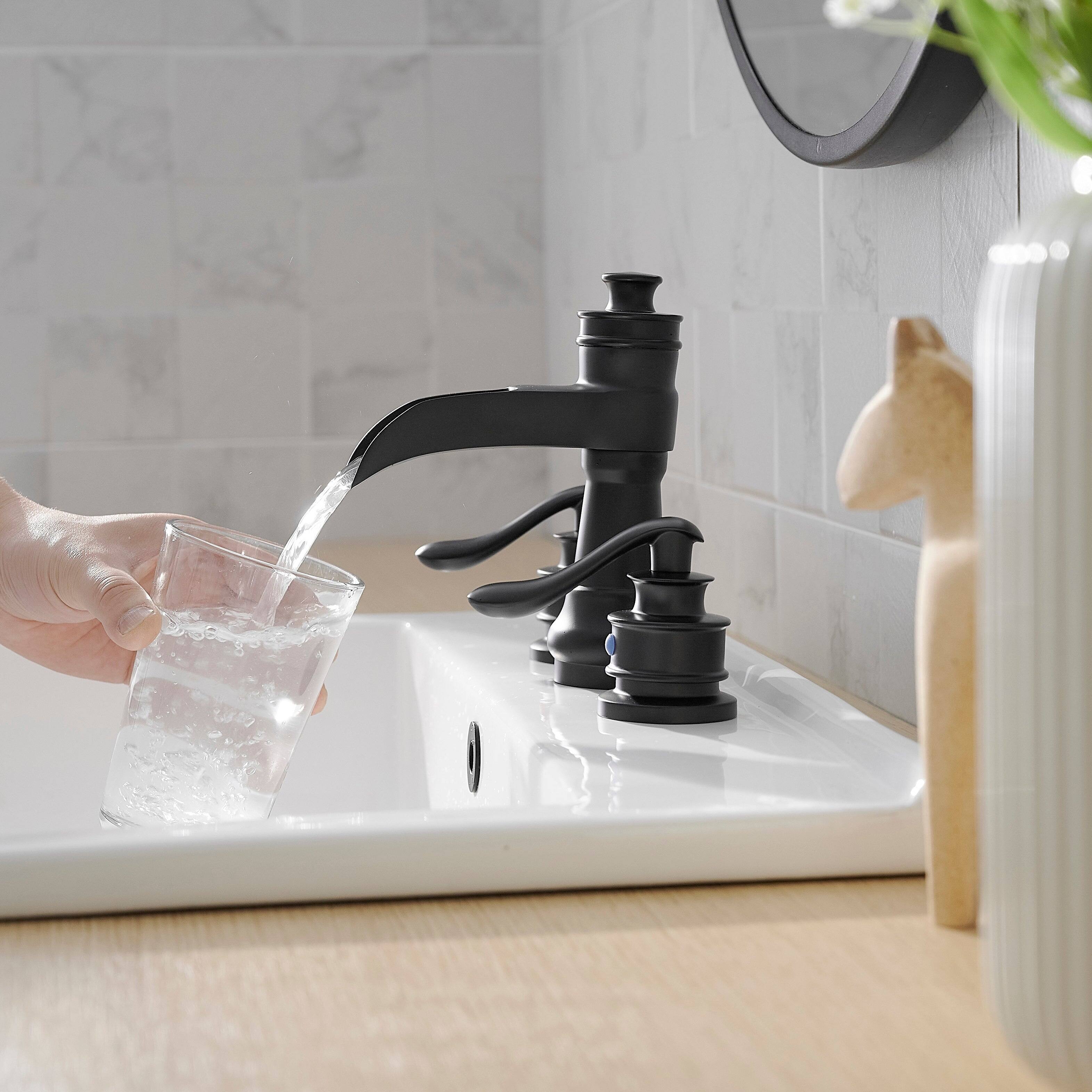 Left. Boyel Living - Waterfall 8 Inch Widespread 2 Handle Bathroom Faucet with Drain Assembly in Matte Black - Matte Black.