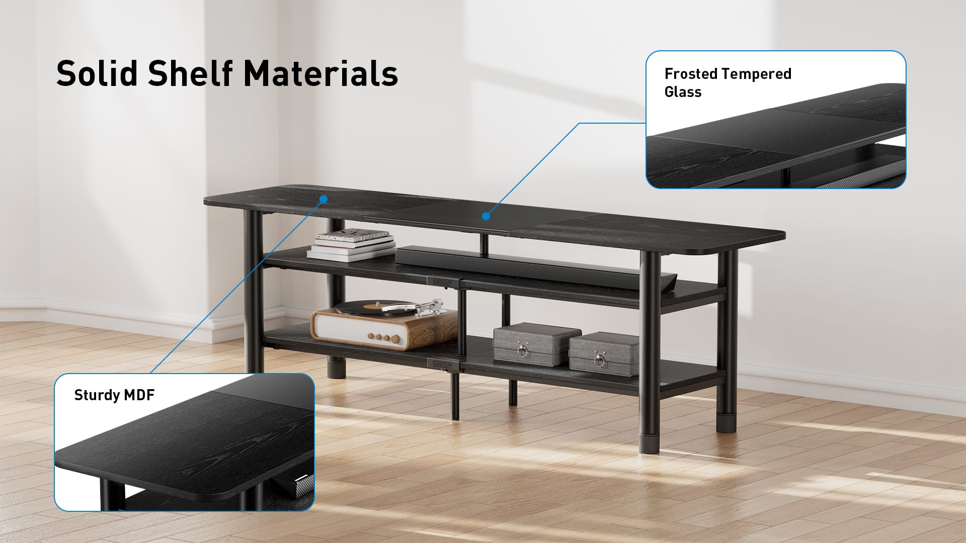 Solid Shelf Materials: Frosted Tempered Glass, Sturdy MDF