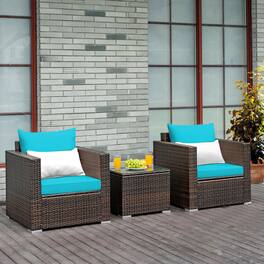 Gymax - 3PCS Rattan Patio Outdoor Conversation Furniture Set w/ Cushions - Turquoise