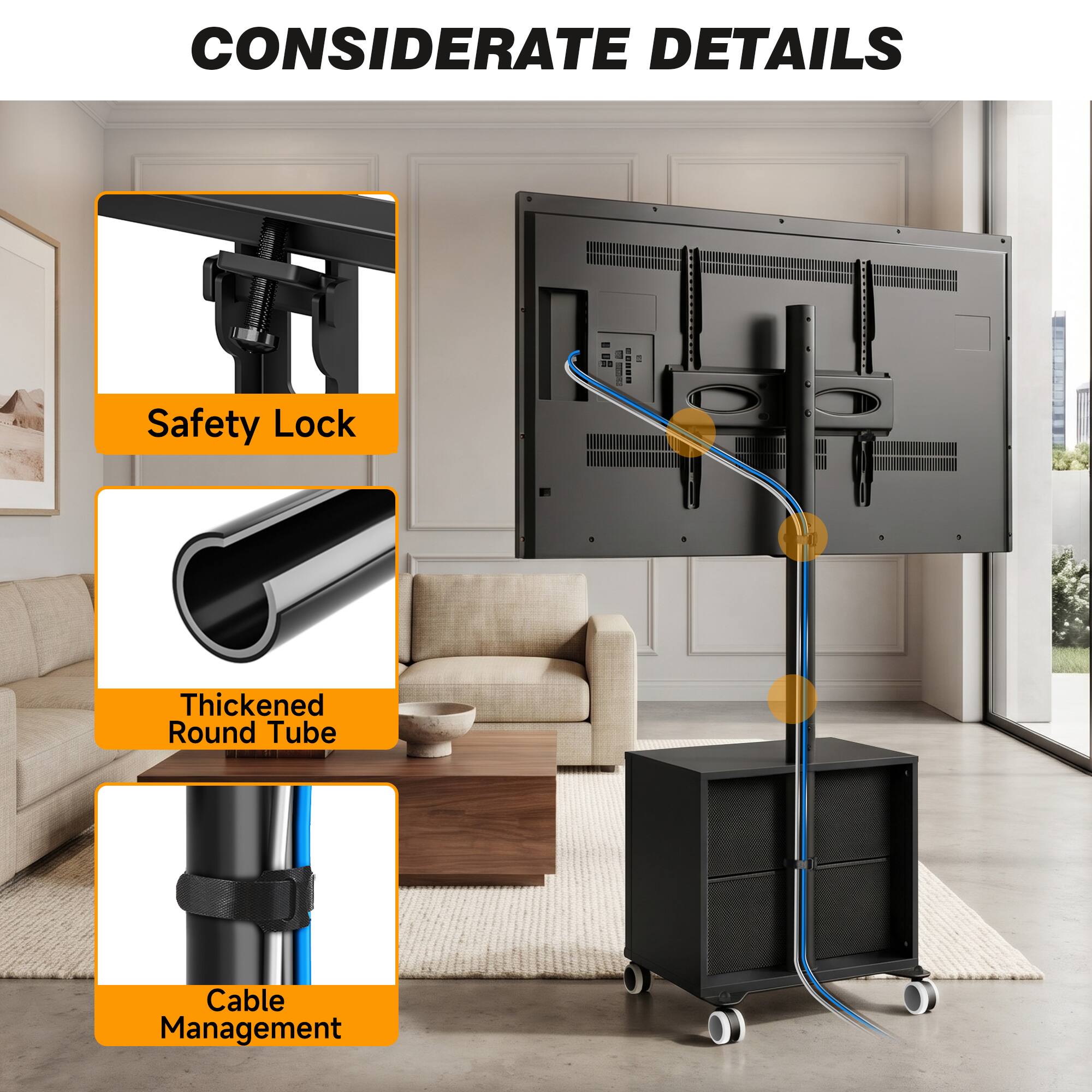 CONSIDERATE DETAILS

- Safety Lock
- Thickened Round Tube
- Cable Management