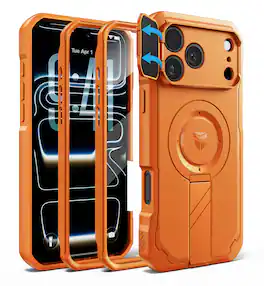 Dexnor - Rugged Case for iPhone 17 Pro Max /18 Pro Max with Camera Cover & Kickstand & Screen Protector, Compatible with MagSafe - Horizon Orange