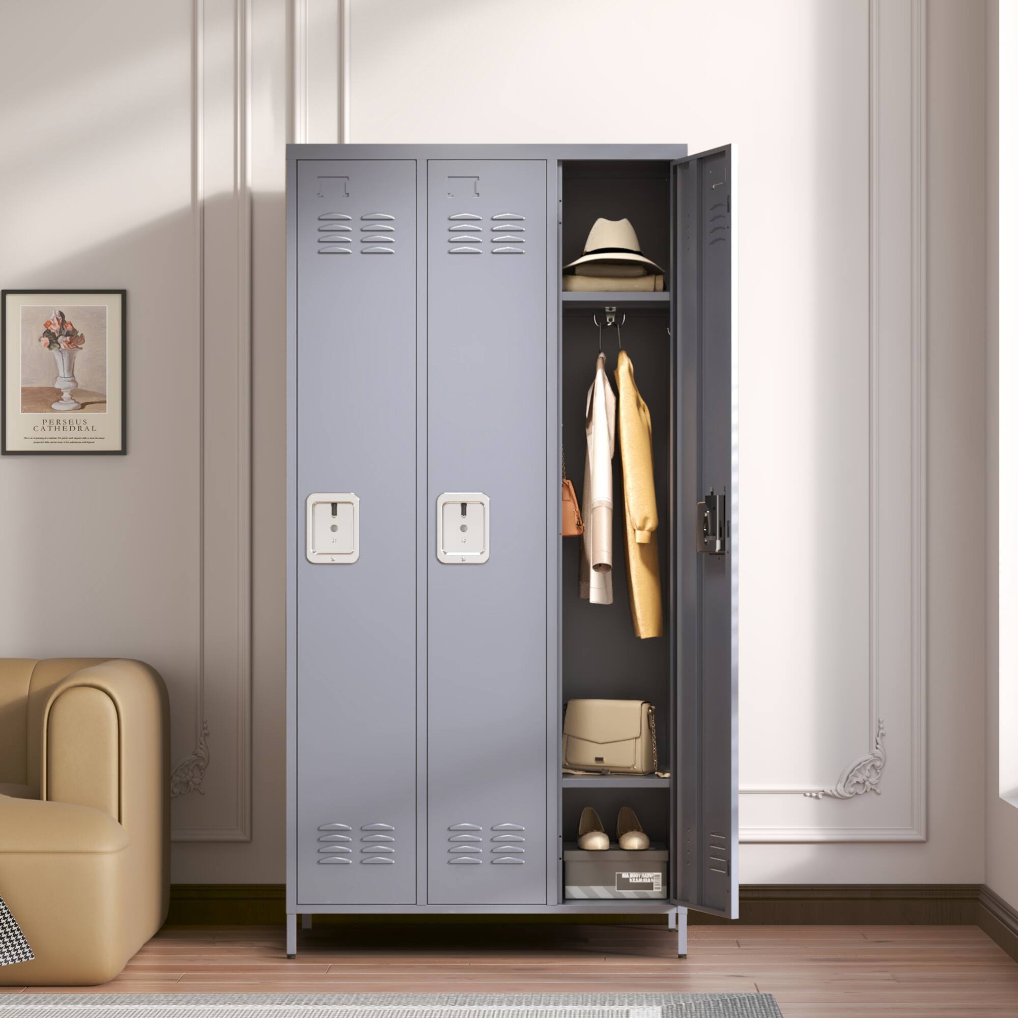 Front. GOODSILO - Three-Door Steel Storage Locker Cabinet for Secure Organization in Home Gym Office or Garage - Gray.