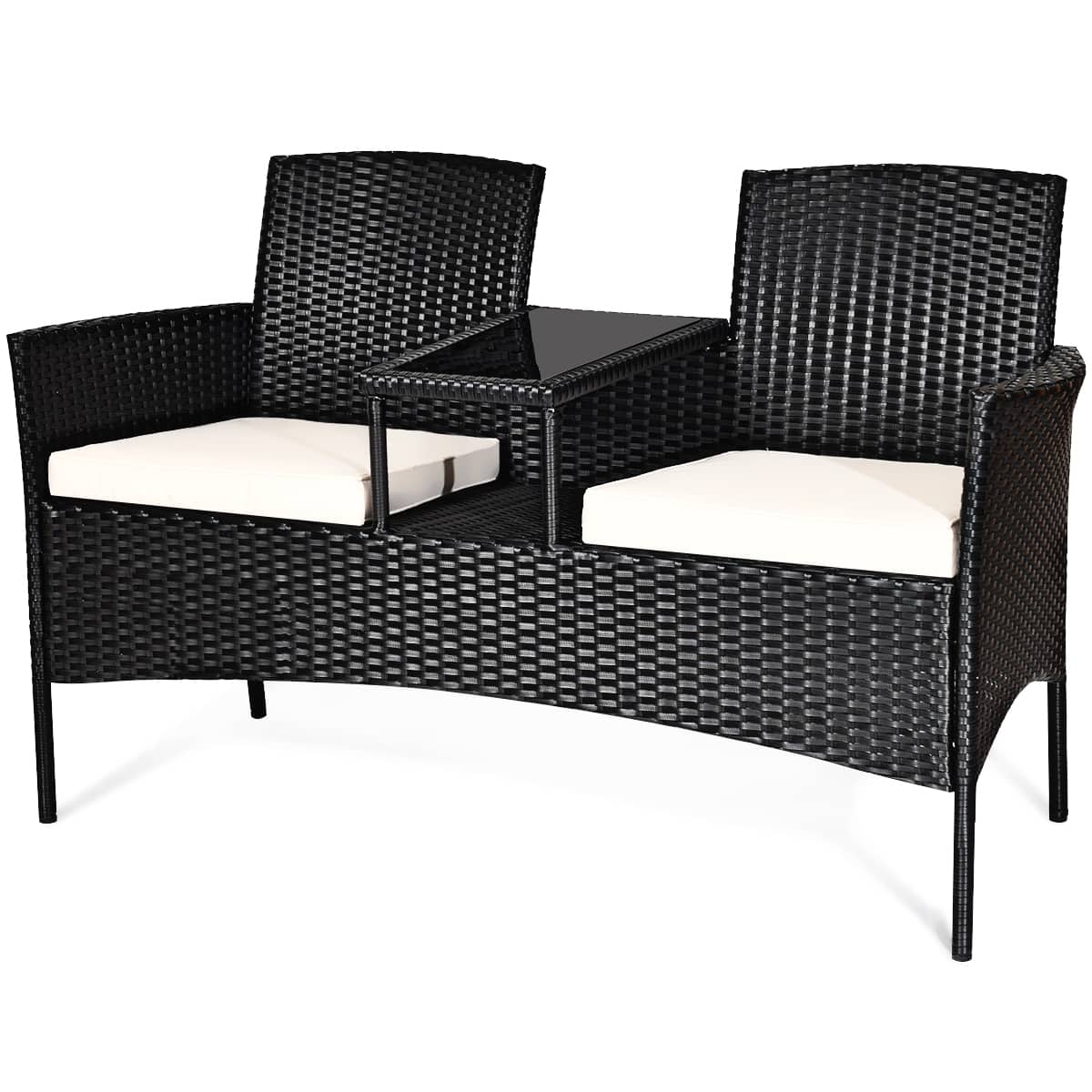 Costway - Patio Rattan Conversation Set Seat Sofa Cushioned Loveseat Glass Table Chairs - Multicolor