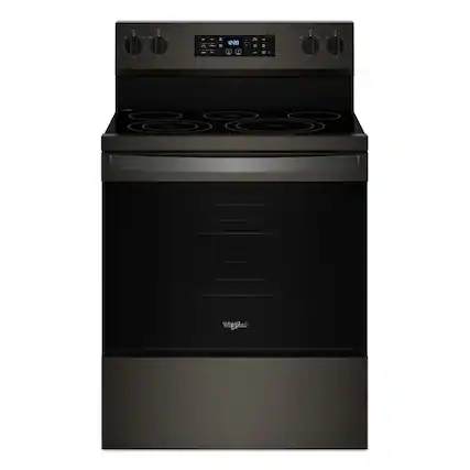 Front. Whirlpool - 5.3 Cu. Ft. Freestanding Electric Range with Air Cooking Technology, No Preheat Air Fry and Air Baking and Self Clean - Black Stainless.