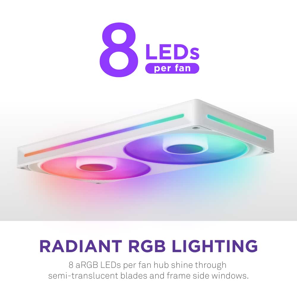 Radiant RGB Lighting: 8 aRGB LEDs per fan hub shine through semi-translucent blades and frame side windows.