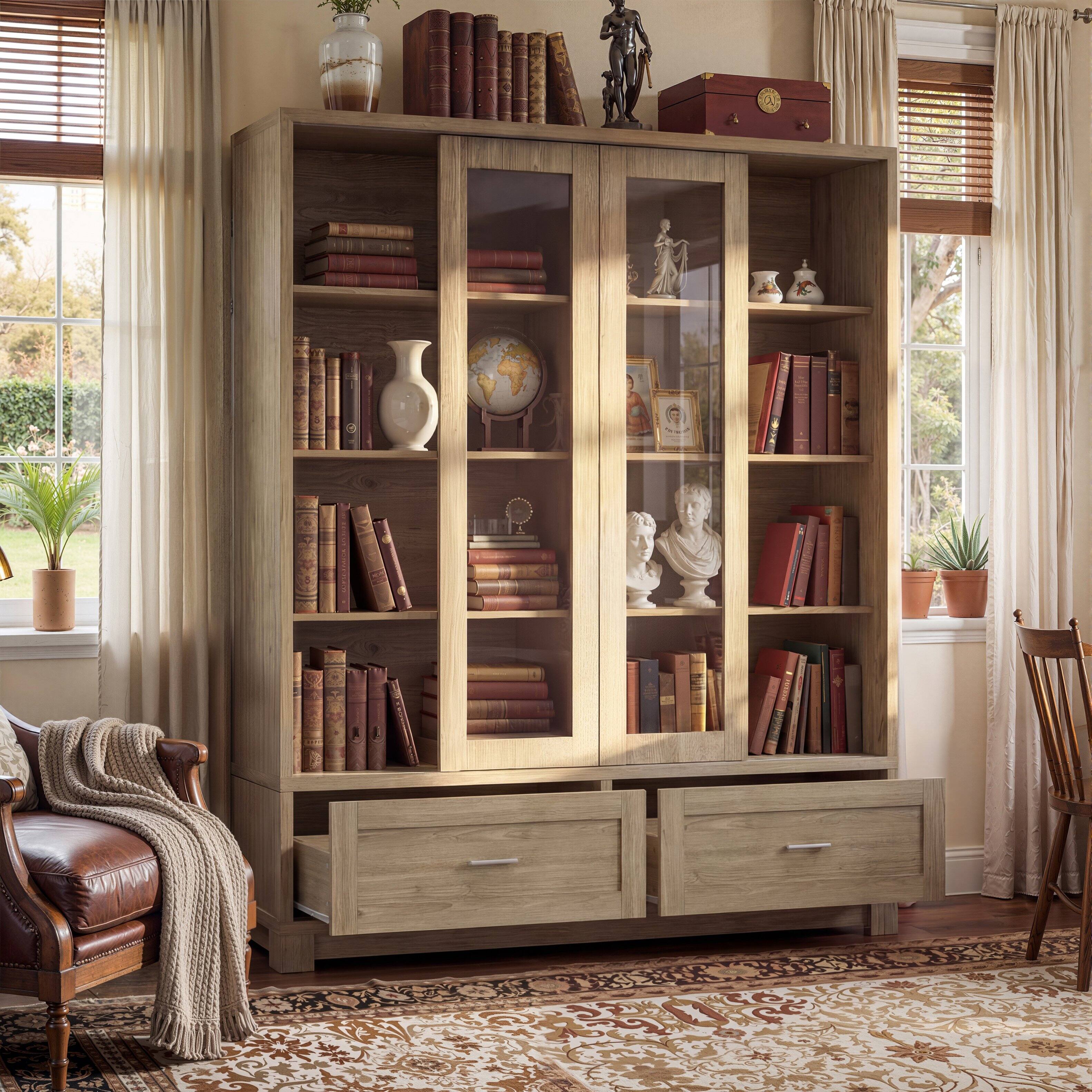 Back. Famapy - Glass Door Display Bookcase, Wood Grain Storage Cabinet with Fixed Shelves.