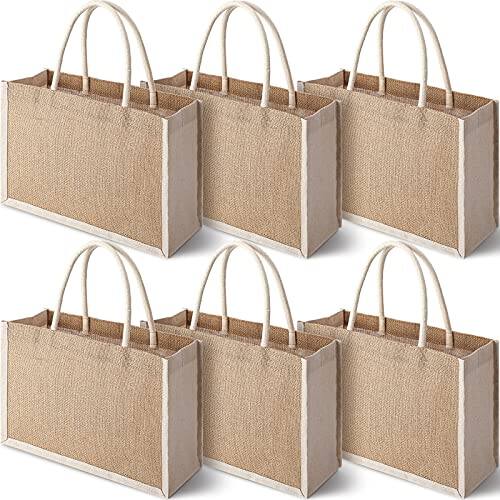 Front. DORLUKFU - 6 Pcs Burlap Gift Bags Jute Tote Bags with Handle Medium Reusable Multipurpose Jute Canvas Favors Tote for Women - as picture shown.