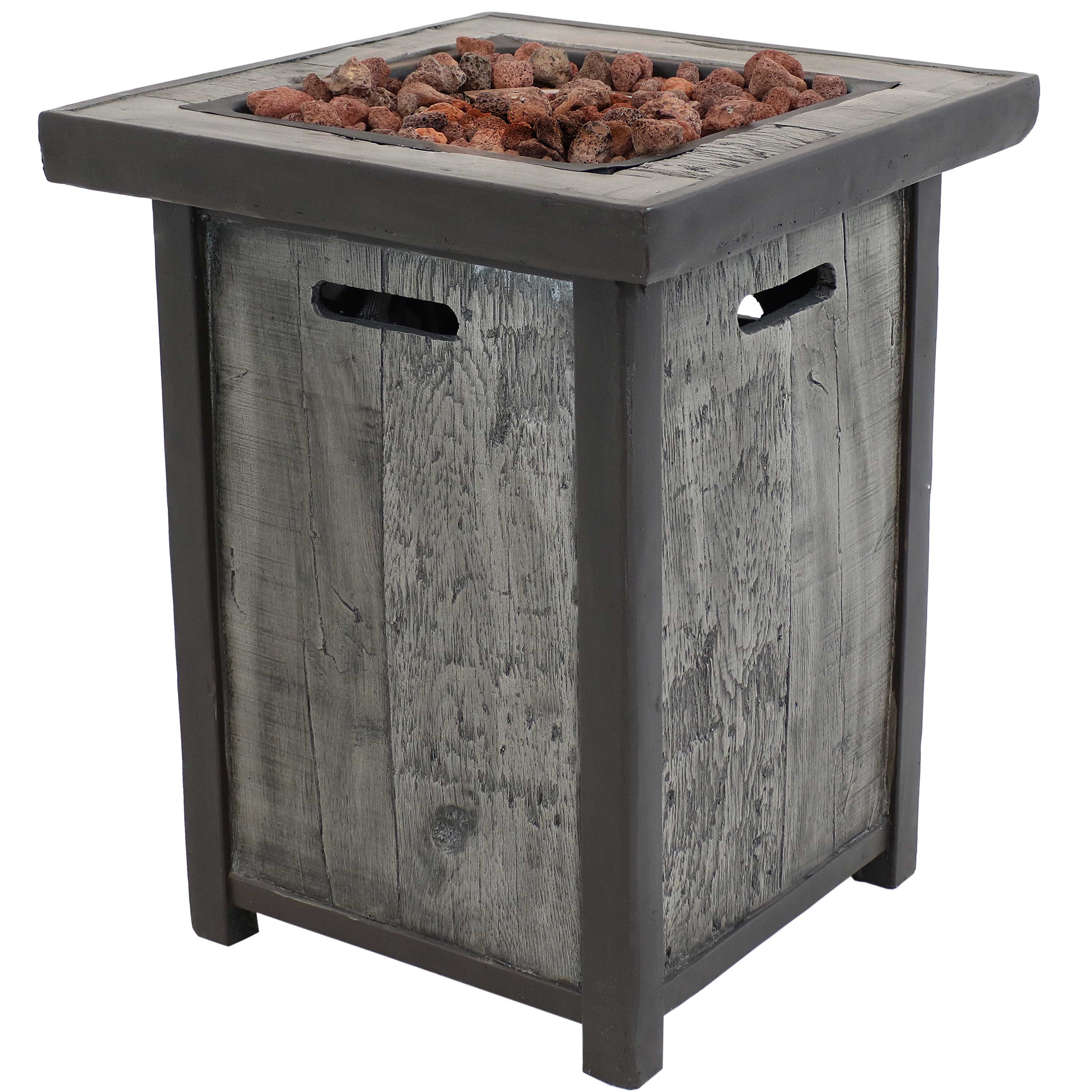 Front. Sunnydaze - 24 in Weathered Square Smokeless Propane Gas Fire Pit Table - Grey.
