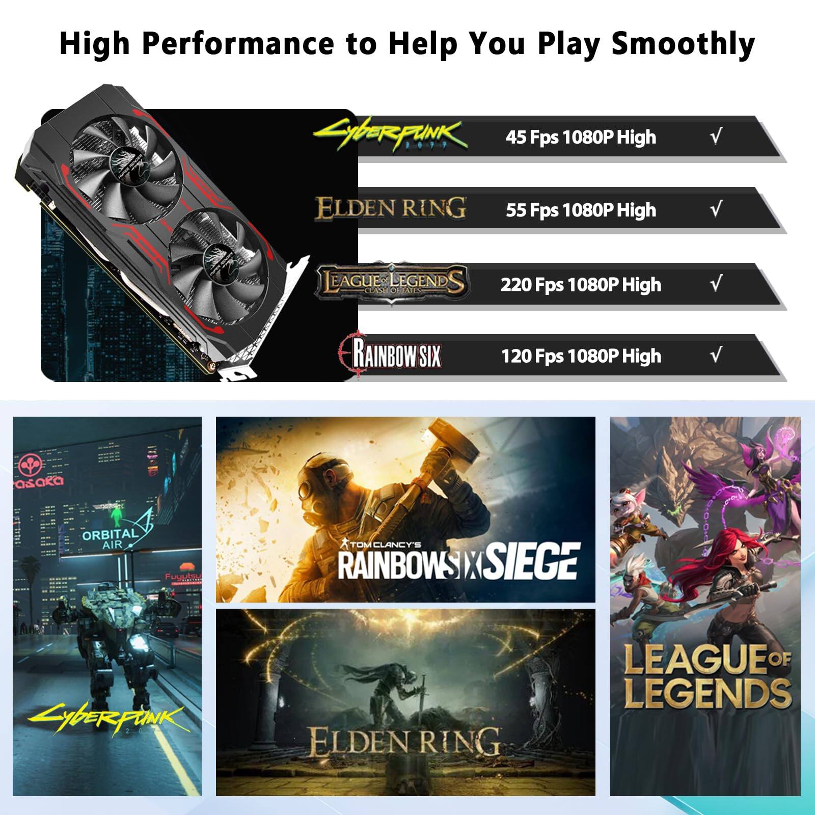 High Performance to Help You Play Smoothly

- Cyberpunk 2077: 45 Fps 1080P High
- Elden Ring: 55 Fps 1080P High
- League of Legends: 220 Fps 1080P High
- Rainbow Six Siege: 120 Fps 1080P High

Orbital Air
Tom Clancy's Rainbow Six Siege
Elden Ring
League of Legends