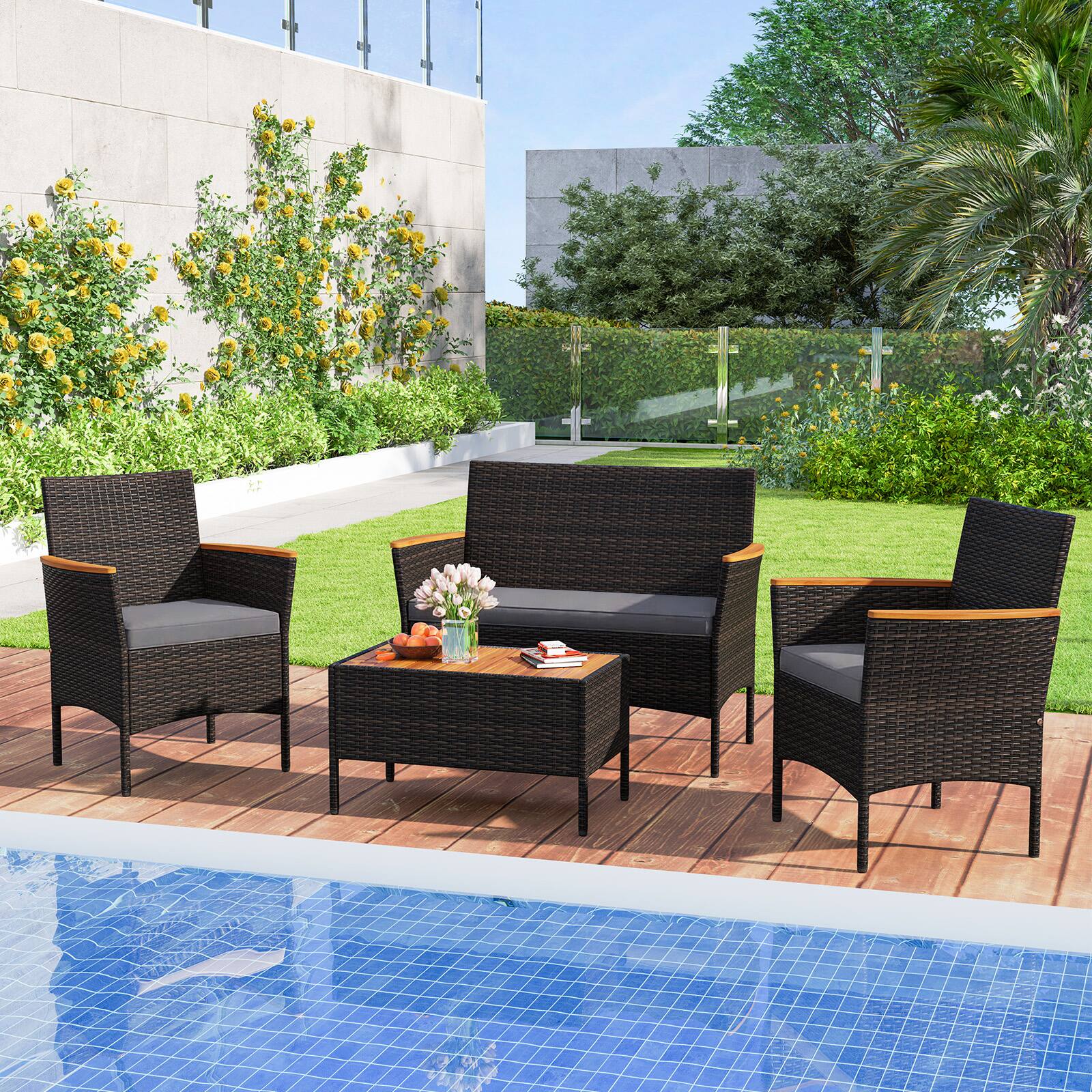 Alt View 8. Gymax - Gymax 8 PCS Patio Wicker Sofa Set w/ Coffee Table Acacia Wood Armrests & Tabletop Mix Brown & Gray - Gray.