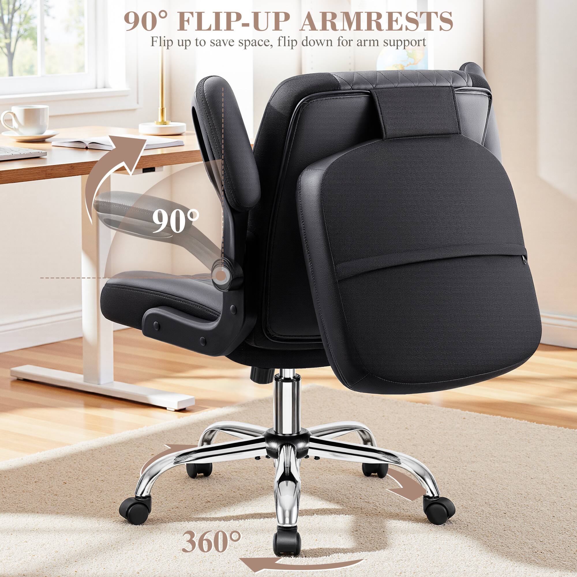 90° FLIP-UP ARMRESTS  
Flip up to save space, flip down for arm support  
90°  
360°