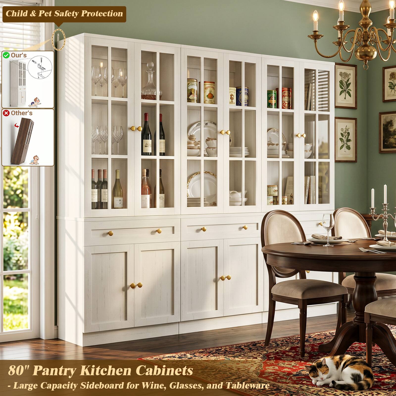 Child & Pet Safety Protection

Our's

X Other's

80" Pantry Kitchen Cabinets - Large Capacity Sideboard for Wine, Glasses, and Tableware