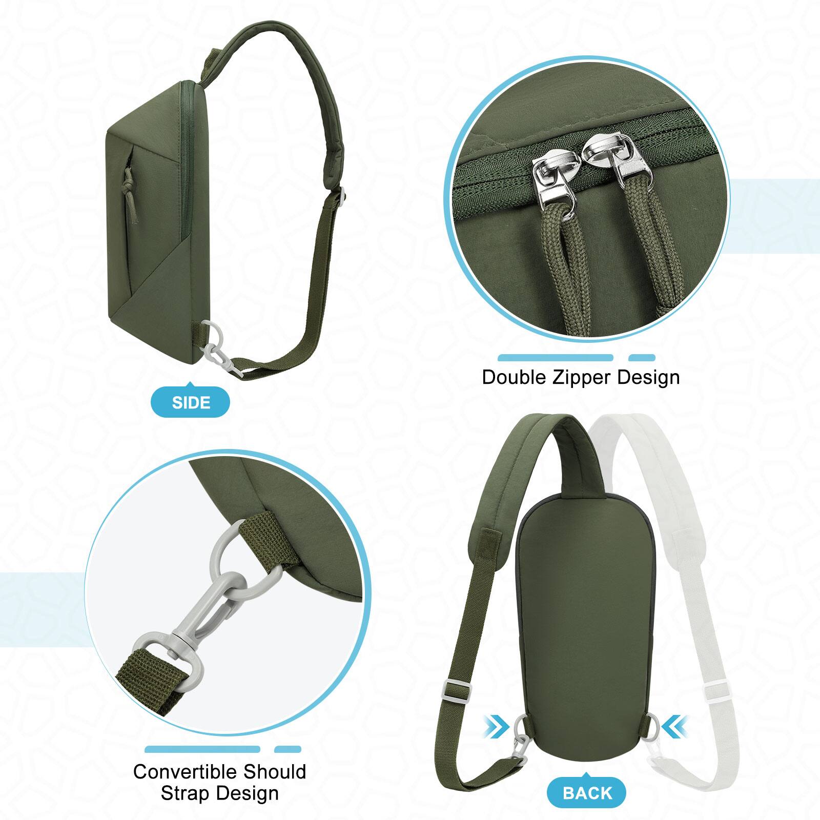 SIDE  
Double Zipper Design  
Convertible Shoulder Strap Design  
BACK