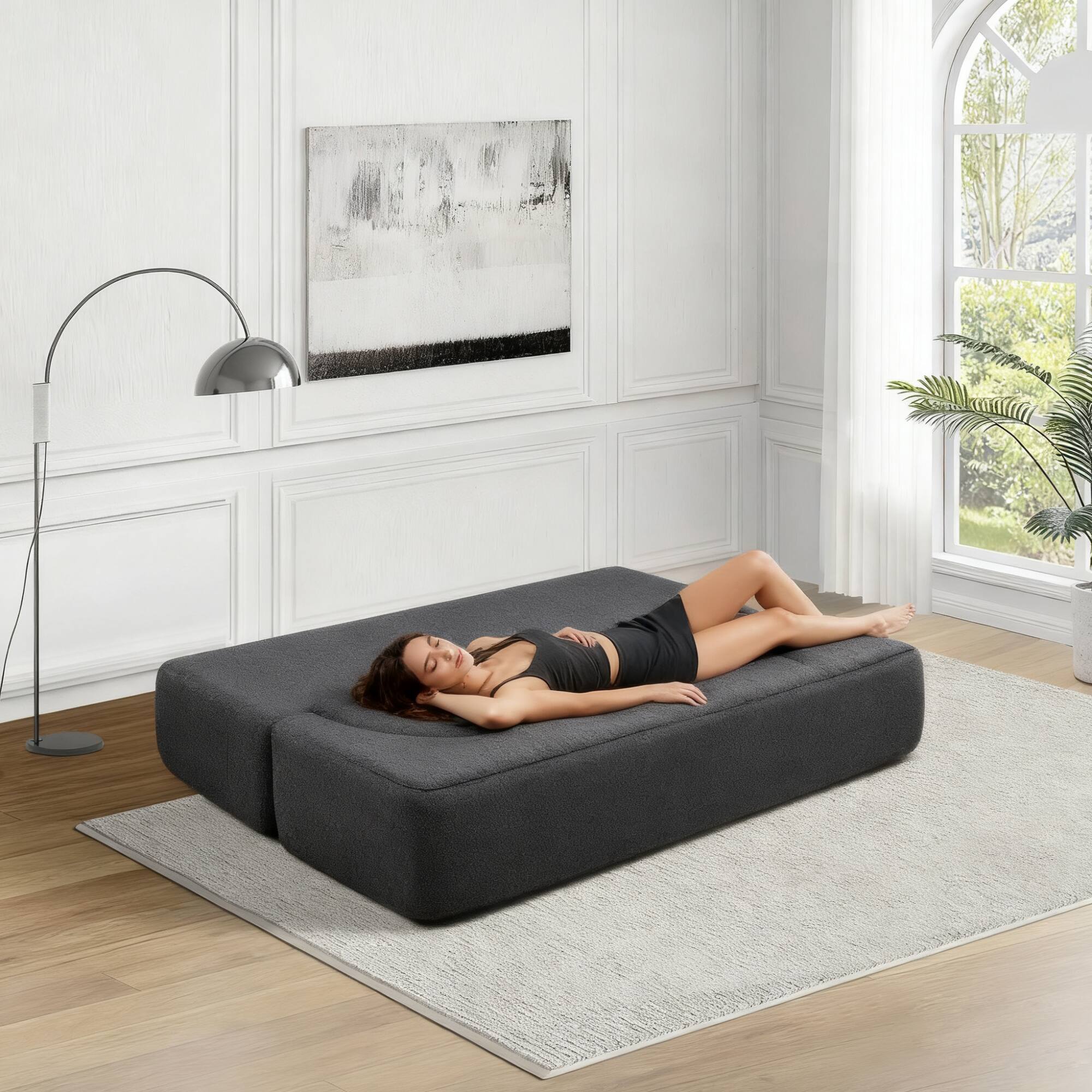 Alt View 1. GOODSILO - Convertible Teddy Fabric Folding Sofa Bed - Multi-Functional Floor Sleeper Futon for Compact Living Spaces - Black.