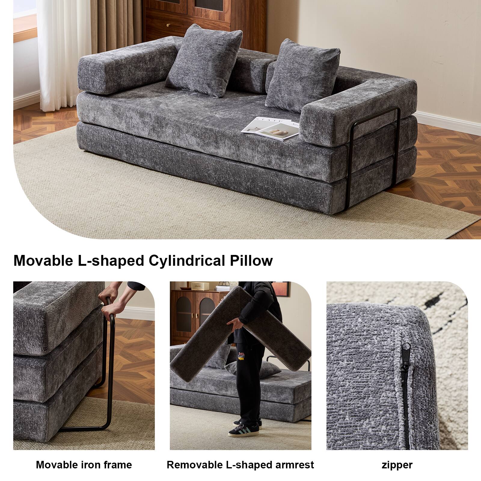 Movable L-shaped Cylindrical Pillow

- Movable iron frame
- Removable L-shaped armrest
- Zipper