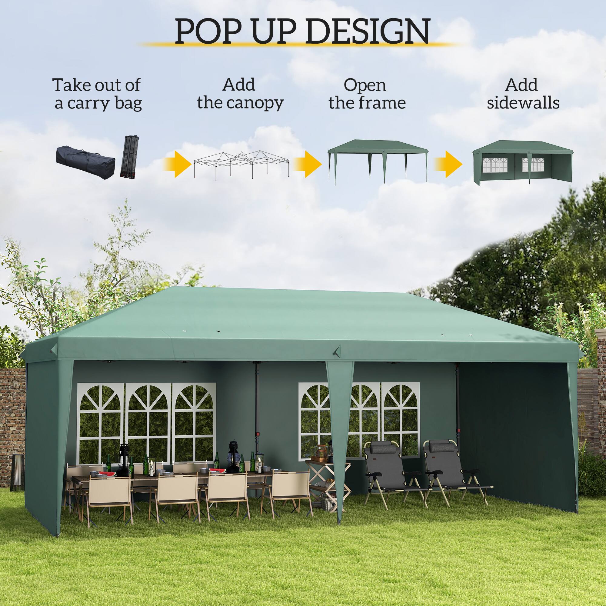 POP UP DESIGN

Take out of a carry bag
Add the canopy
Open the frame
Add sidewalls