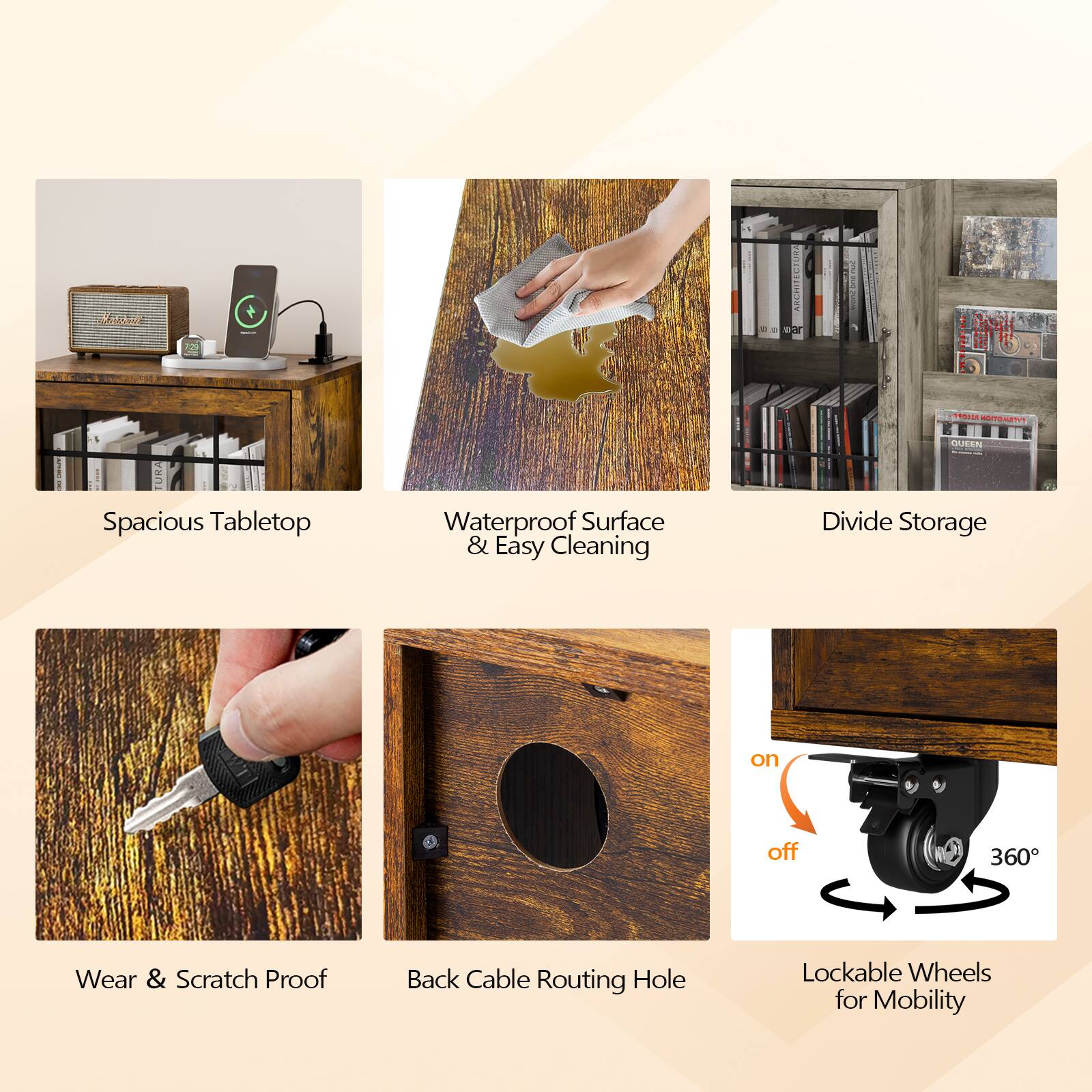 - Spacious Tabletop
- Waterproof Surface & Easy Cleaning
- Divide Storage
- Wear & Scratch Proof
- Back Cable Routing Hole
- Lockable Wheels for Mobility