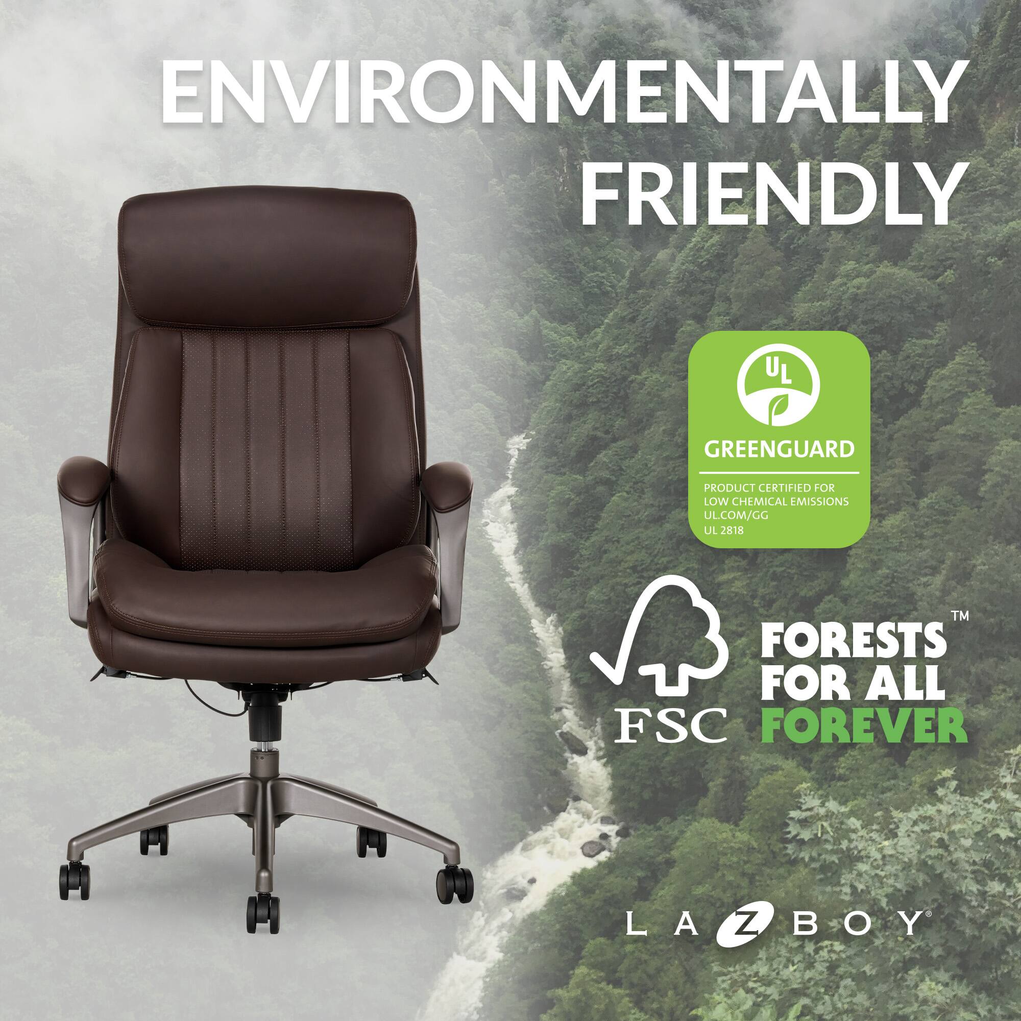 The text on the image reads: "Environmentally Friendly UL Greenguard Product Certified for Low Chemical Emissions ULCOM/GG UL 2818 TM Forests for All FSC Forever LA Z Boy."