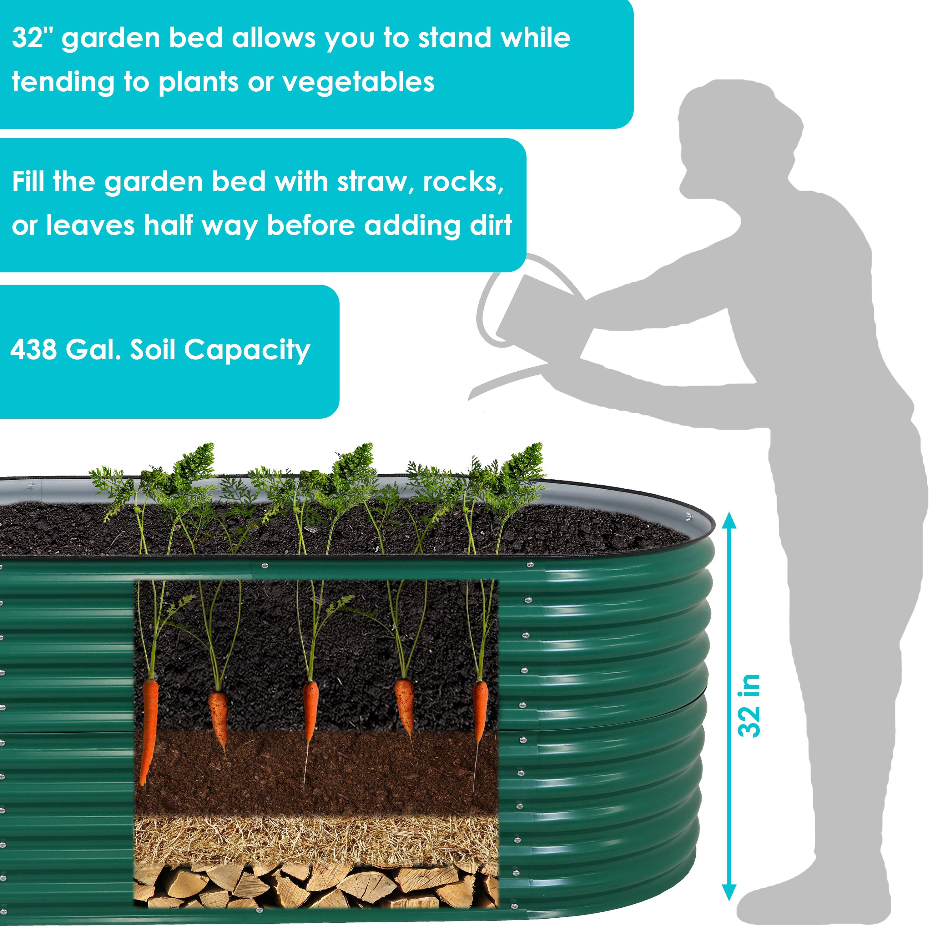 32" garden bed allows you to stand while tending to plants or vegetables

Fill the garden bed with straw, rocks, or leaves half way before adding dirt

438 Gal. Soil Capacity