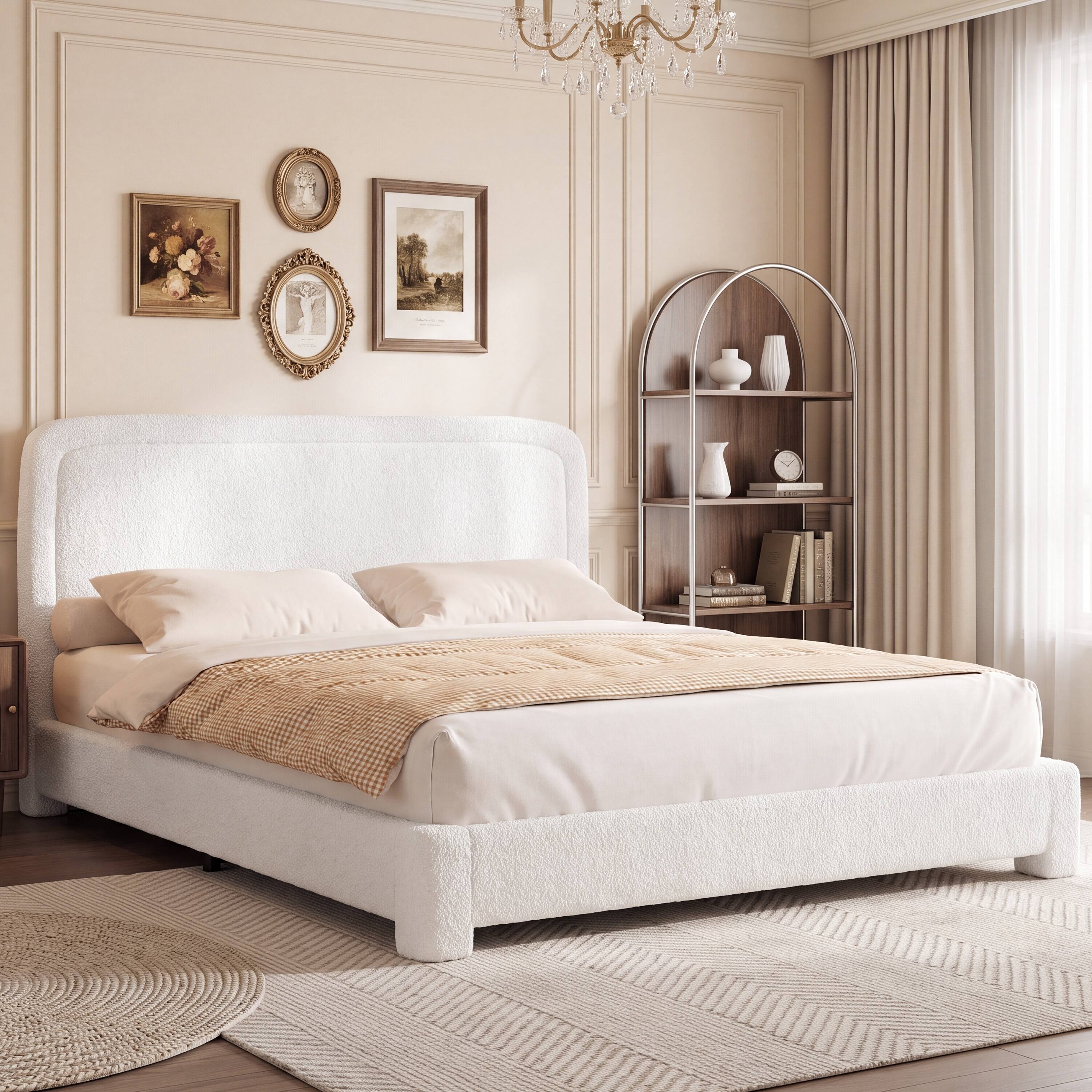 Angle. Vipbear - F/Q/K Upholstered Bed Frame with Adjustable Headboard, Curved Sherpa Platform Bed Frame, No Box Spring Required - White.