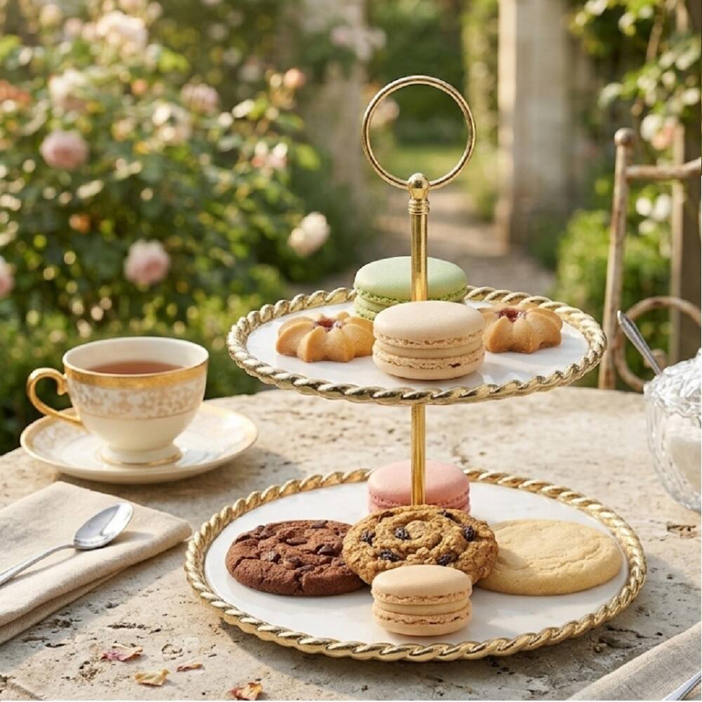 Back. Jiallo - 2-Tier Porcelain Cupcake & Dessert Stand with Gold Trim - White & Gold.