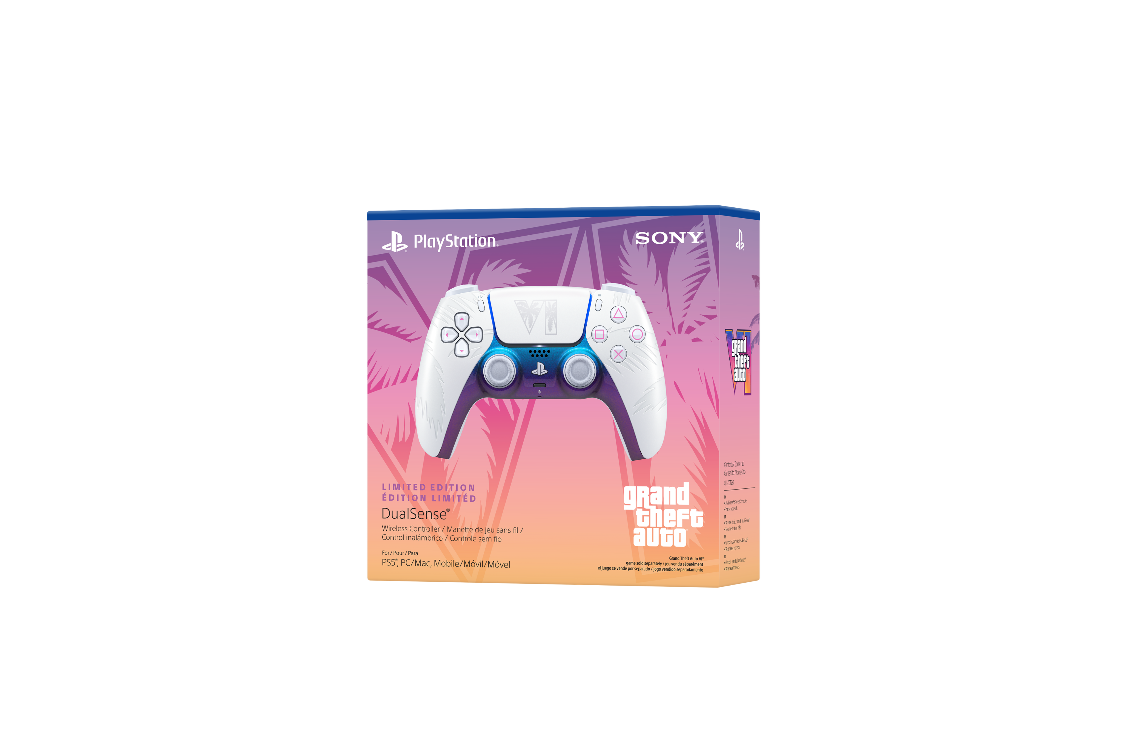 PlayStation  
SONY  
M  
X  
GRAND THEFT AUTO V  
LIMITED EDITION  
DualSense Wireless Controller 1  
Manette de jeu sans fil /  
Control inalámbrico /  
Controleur sans fil  
Pour/Para Favor PS5*, PC/Mac, Mobile/Móvil  
Less DAYS/  
(201 12X grand - - theft / 1915 BEAN Cuuries auto - -croversalure of 19 vi - - T ander COMUNICA - muserving PV - - -  . - - importes - I'm - - -