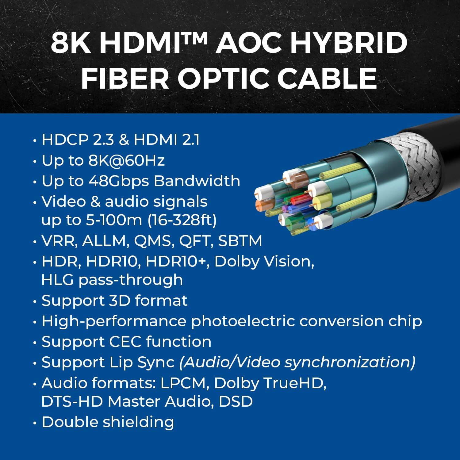 8K HDMI™ AOC HYBRID FIBER OPTIC CABLE

- HDCP 2.3 & HDMI 2.1
- Up to 8K@60Hz
- Up to 48Gbps Bandwidth
- Video & audio signals up to 5-100m (16-328ft)
- VRR, ALLM, QMS, QFT, SBTM
- HDR, HDR10, HDR10+, Dolby Vision, HLG pass-through
- Support 3D format
- High-performance photoelectric conversion chip
- Support CEC function
- Support Lip Sync (Audio/Video synchronization)
- Audio formats: LPCM, Dolby TrueHD, DTS-HD Master Audio, DSD
- Double shielding