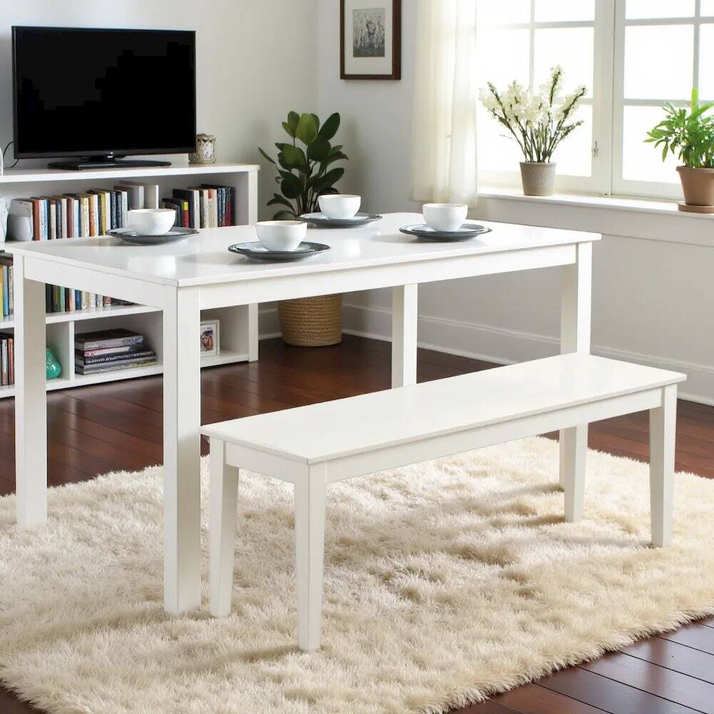 Left. FurniFact - Elegant Solid Wood Dining Bench in White Sturdy Wooden Bench for Table - White.