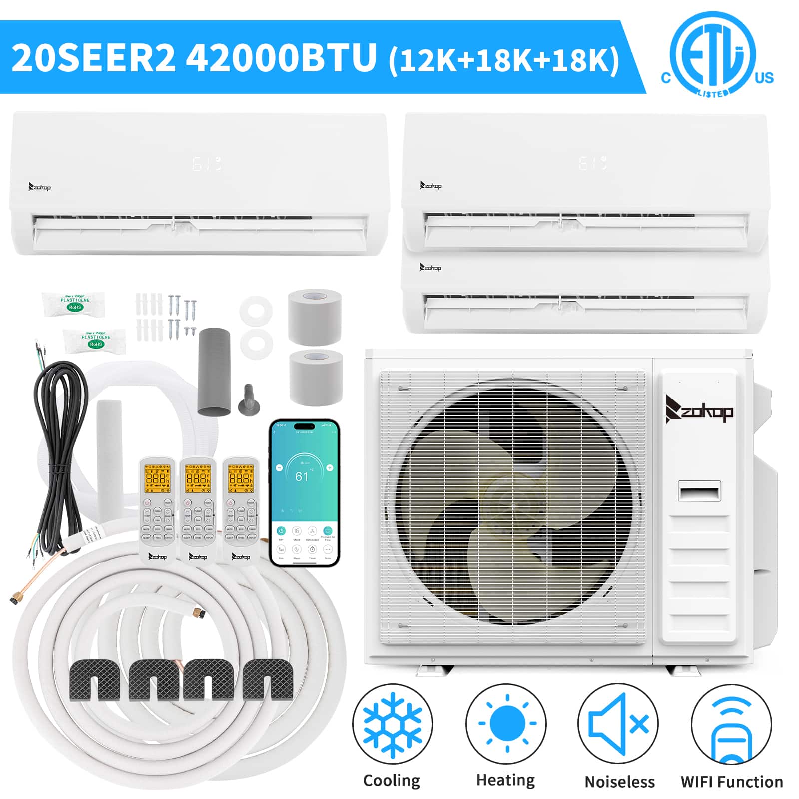 Winado - 42000 BTU Tri 3 Zone AC Ductless Wifi Mini Split Air Conditioner & Heat Pump 12000 + 18000+18000 BTU Full Set- 20 SEER2 - White